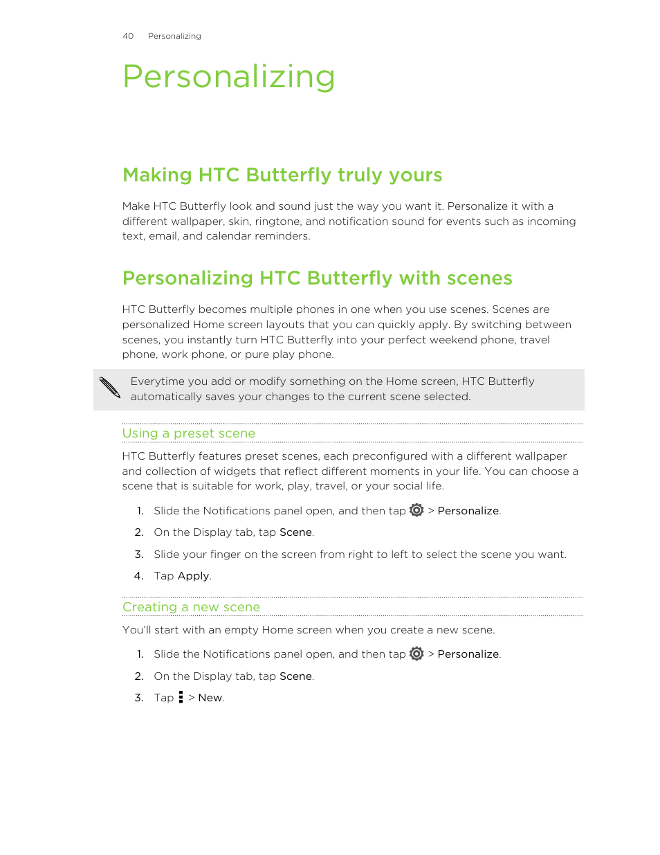 Personalizing, Making htc butterfly truly yours, Personalizing htc butterfly with scenes | Using a preset scene, Creating a new scene | HTC Butterfly User Manual | Page 40 / 211