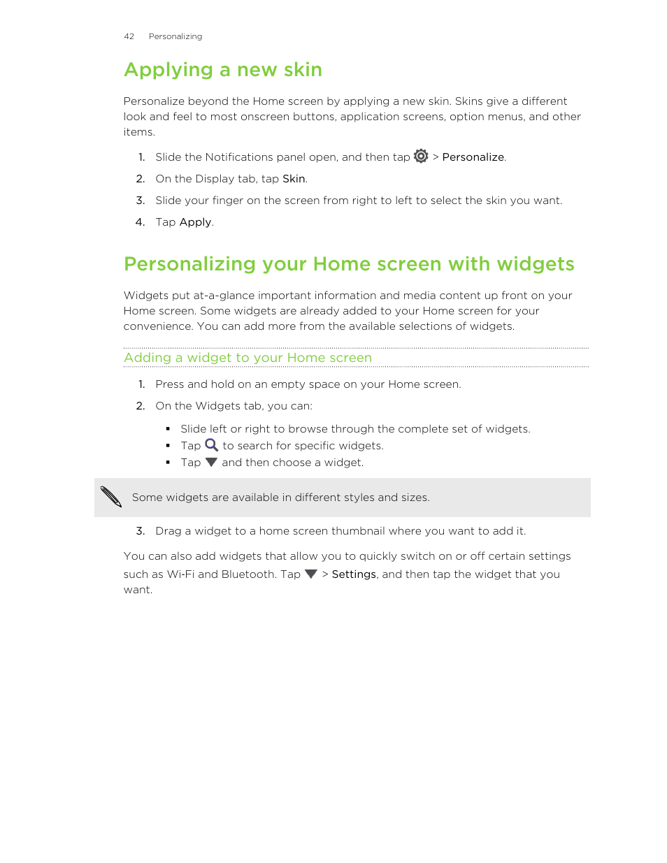 Applying a new skin, Personalizing your home screen with widgets, Adding a widget to your home screen | HTC Butterfly User Manual | Page 42 / 211
