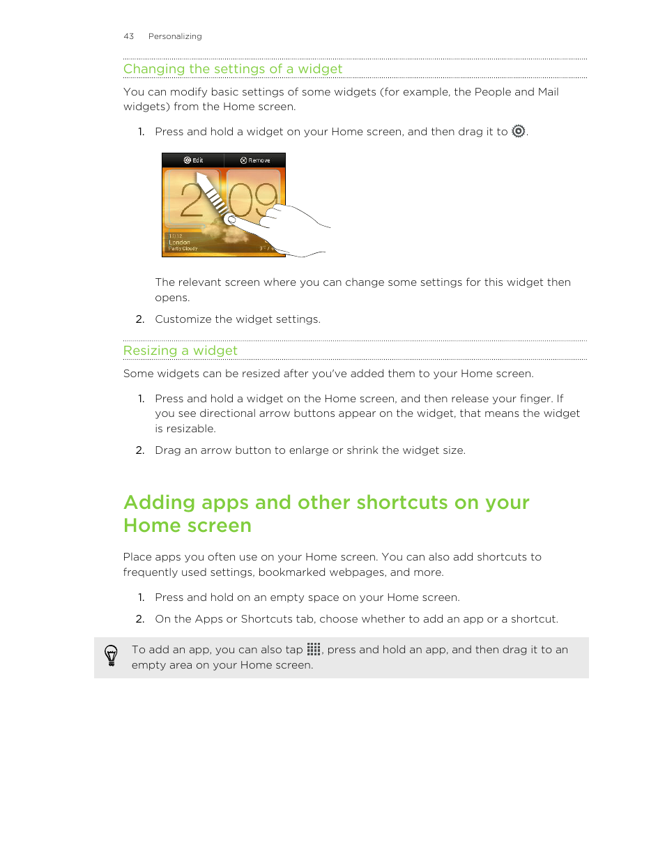 Changing the settings of a widget, Resizing a widget | HTC Butterfly User Manual | Page 43 / 211