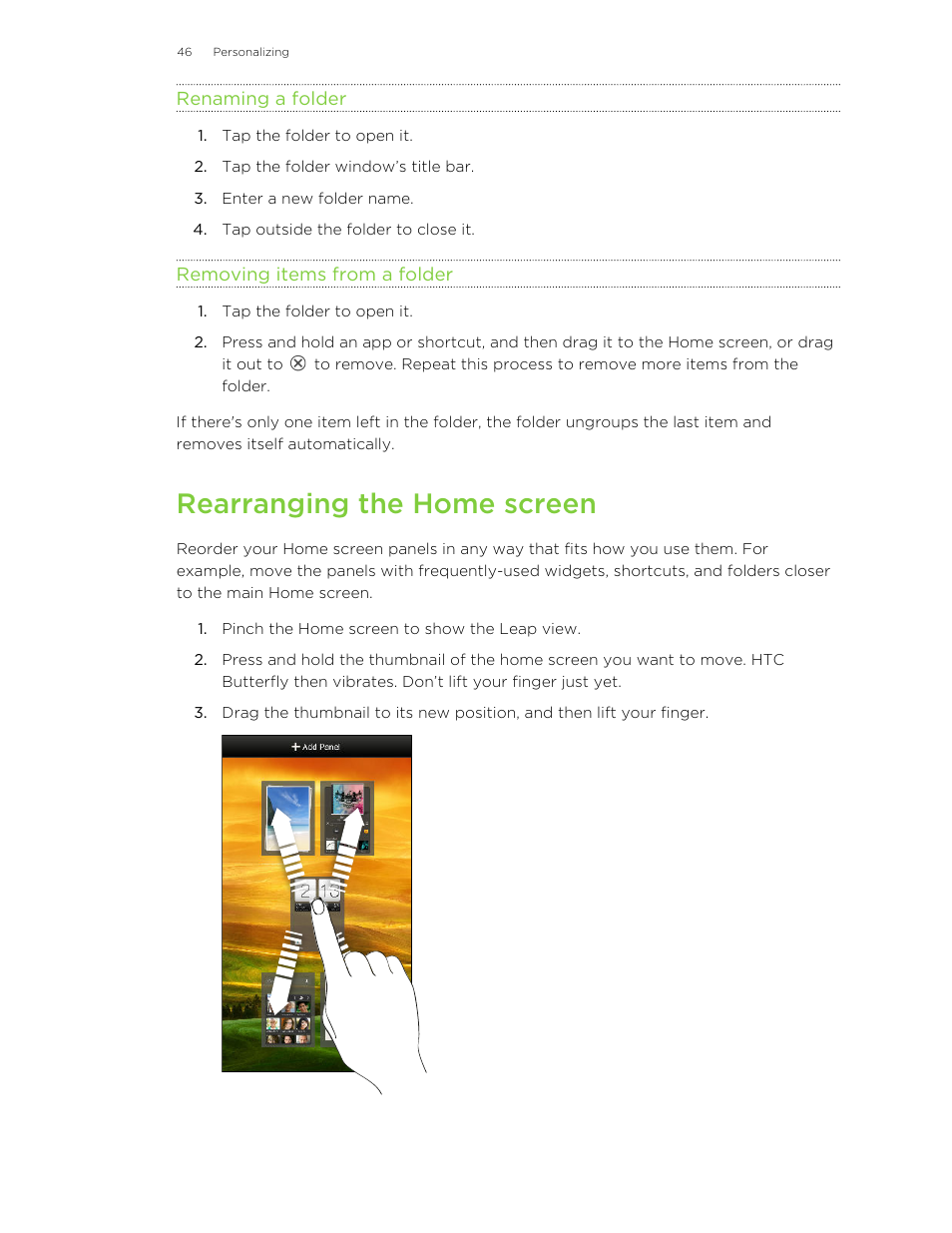 Renaming a folder, Removing items from a folder, Rearranging the home screen | HTC Butterfly User Manual | Page 46 / 211