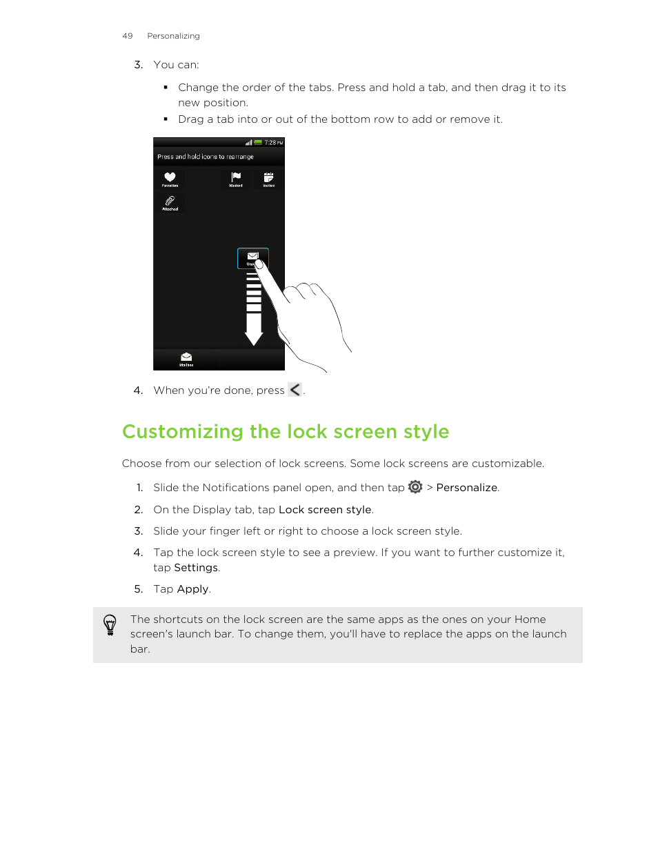 Customizing the lock screen style | HTC Butterfly User Manual | Page 49 / 211
