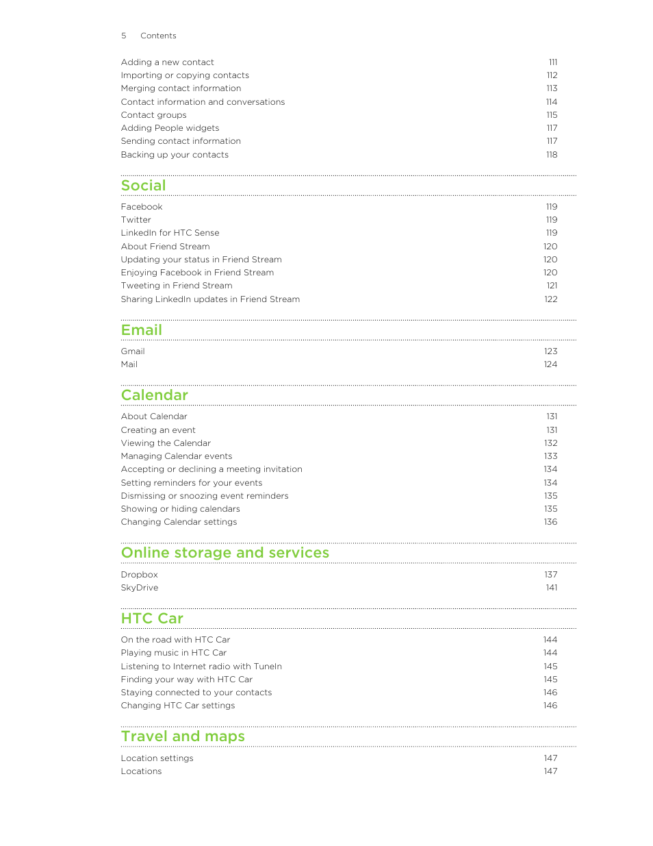 Social, Email, Calendar | Online storage and services, Htc car, Travel and maps | HTC Butterfly User Manual | Page 5 / 211