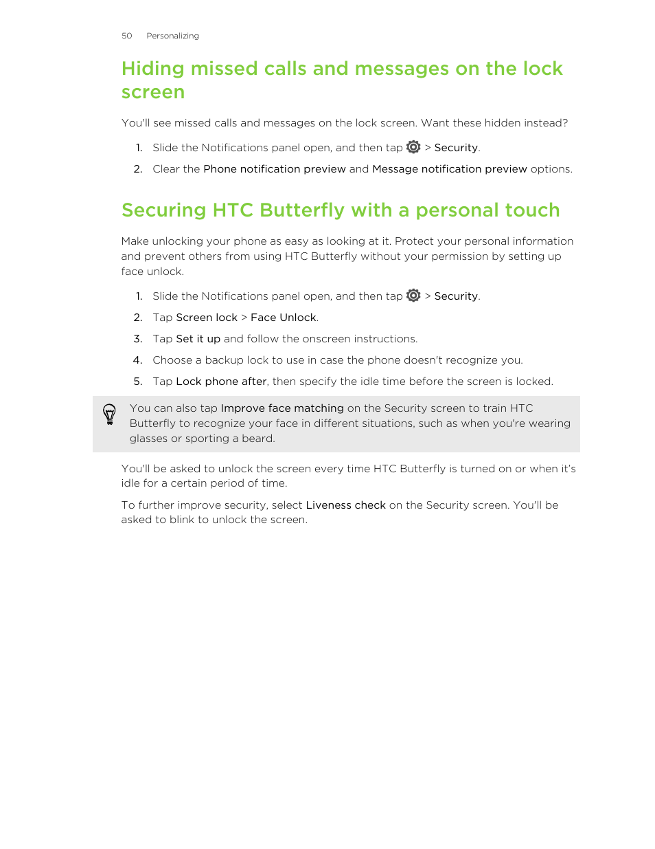 Securing htc butterfly with a personal touch | HTC Butterfly User Manual | Page 50 / 211