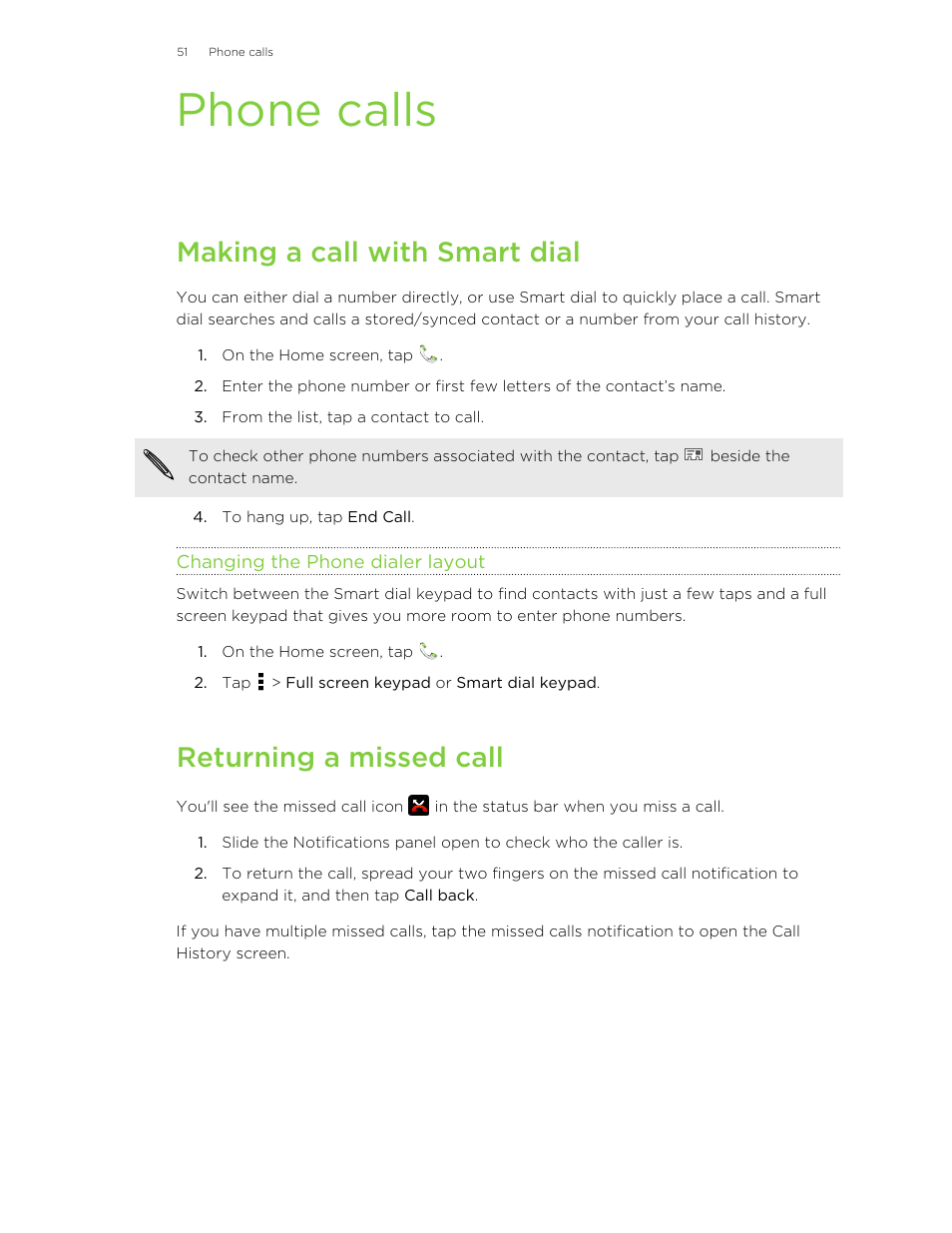 Phone calls, Making a call with smart dial, Changing the phone dialer layout | Returning a missed call, Making a, Call with smart dial | HTC Butterfly User Manual | Page 51 / 211