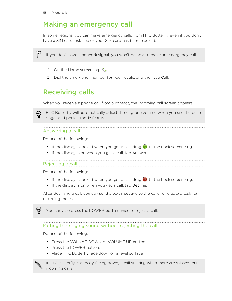 Making an emergency call, Receiving calls, Answering a call | Rejecting a call | HTC Butterfly User Manual | Page 53 / 211