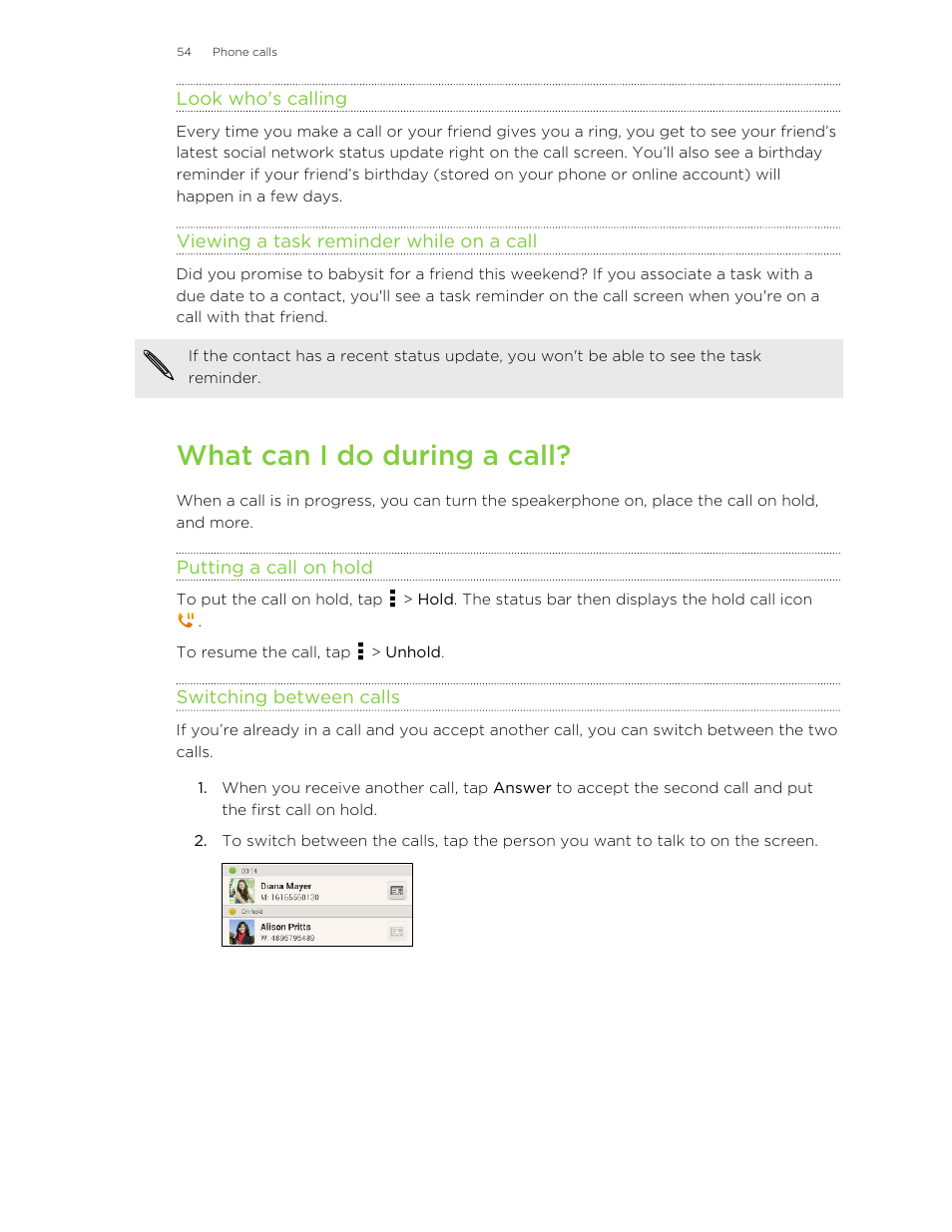 Look who's calling, Viewing a task reminder while on a call, What can i do during a call | Putting a call on hold, Switching between calls | HTC Butterfly User Manual | Page 54 / 211