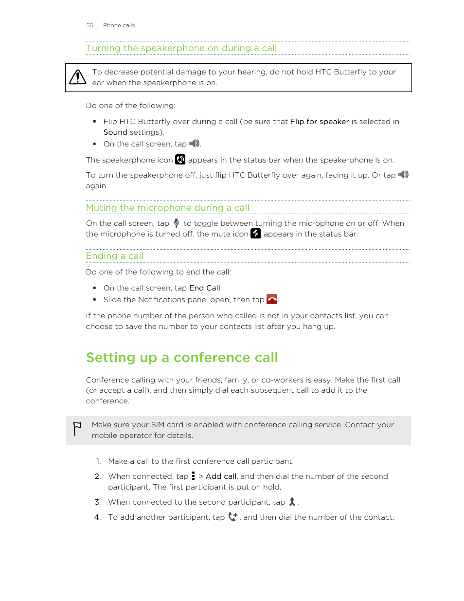 Turning the speakerphone on during a call, Muting the microphone during a call, Ending a call | Setting up a conference call | HTC Butterfly User Manual | Page 55 / 211