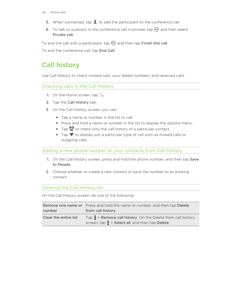 Call history, Checking calls in the call history, Clearing the call history list | HTC Butterfly User Manual | Page 56 / 211