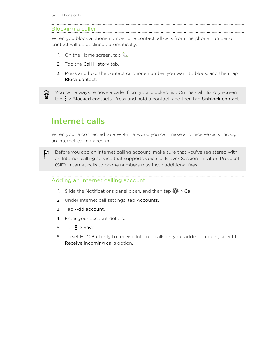 Blocking a caller, Internet calls, Adding an internet calling account | HTC Butterfly User Manual | Page 57 / 211