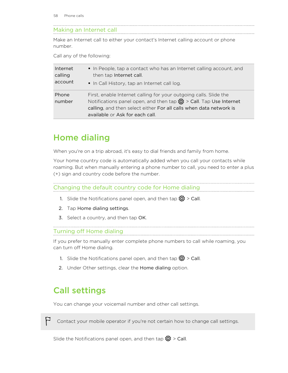 Making an internet call, Home dialing, Changing the default country code for home dialing | Turning off home dialing, Call settings | HTC Butterfly User Manual | Page 58 / 211