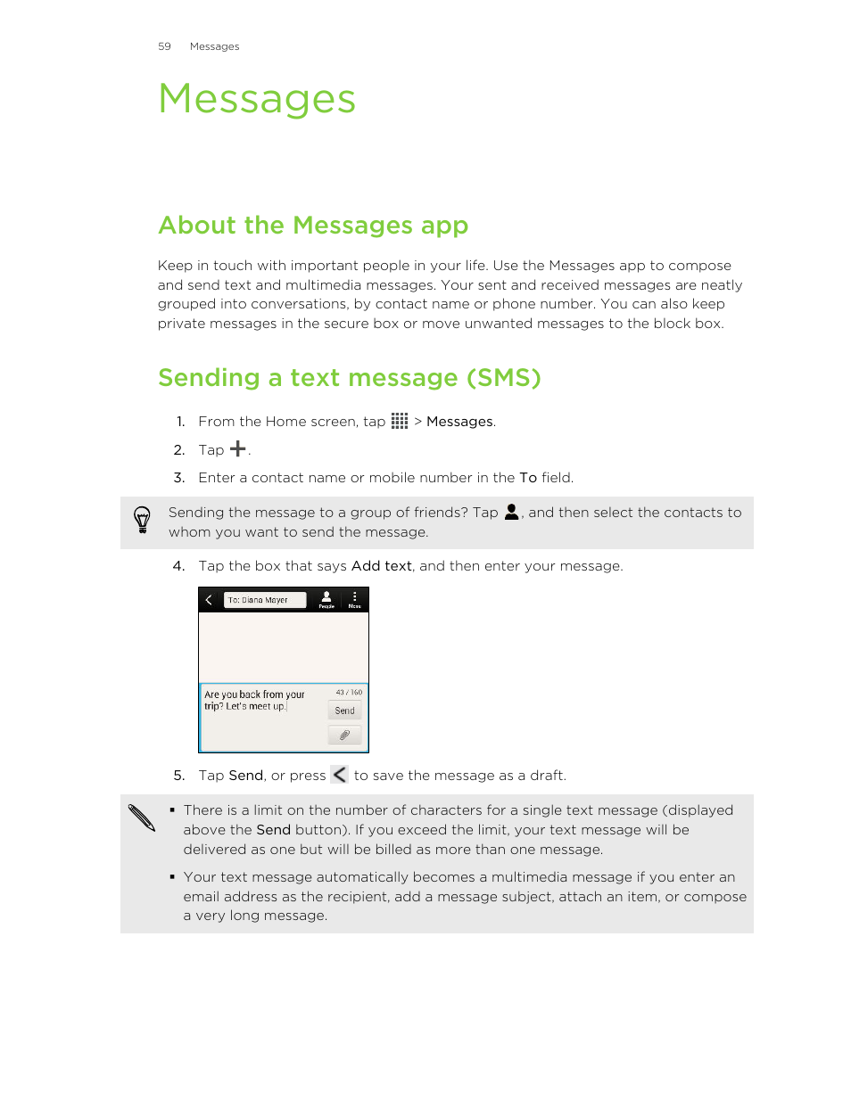 Messages, About the messages app, Sending a text message (sms) | HTC Butterfly User Manual | Page 59 / 211