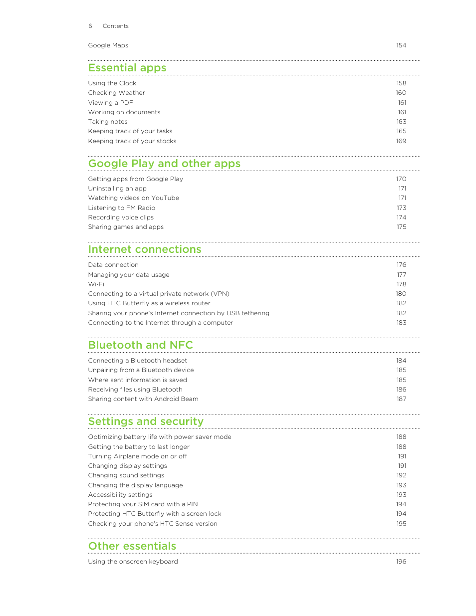 Essential apps, Google play and other apps, Internet connections | Bluetooth and nfc, Settings and security, Other essentials | HTC Butterfly User Manual | Page 6 / 211