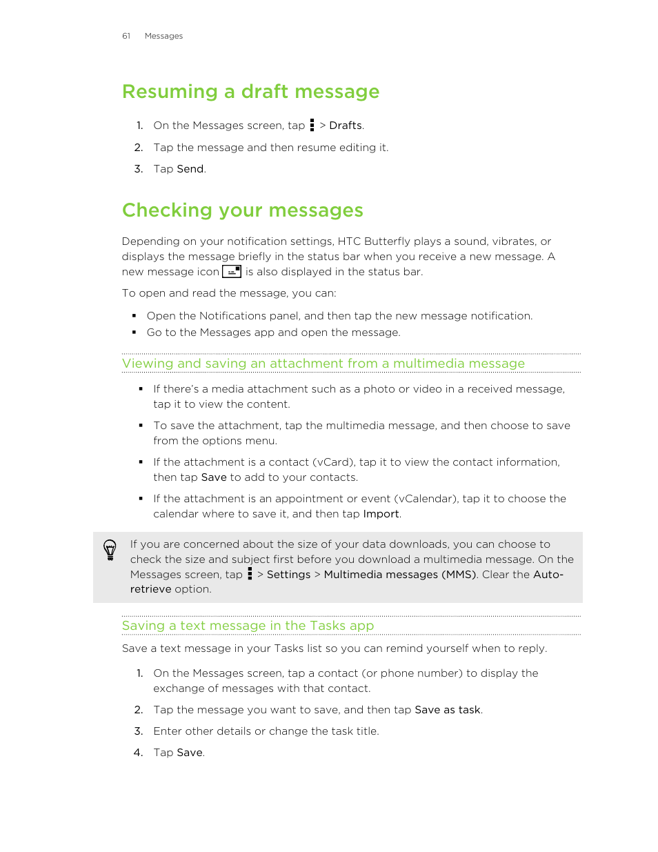 Resuming a draft message, Checking your messages, Saving a text message in the tasks app | HTC Butterfly User Manual | Page 61 / 211