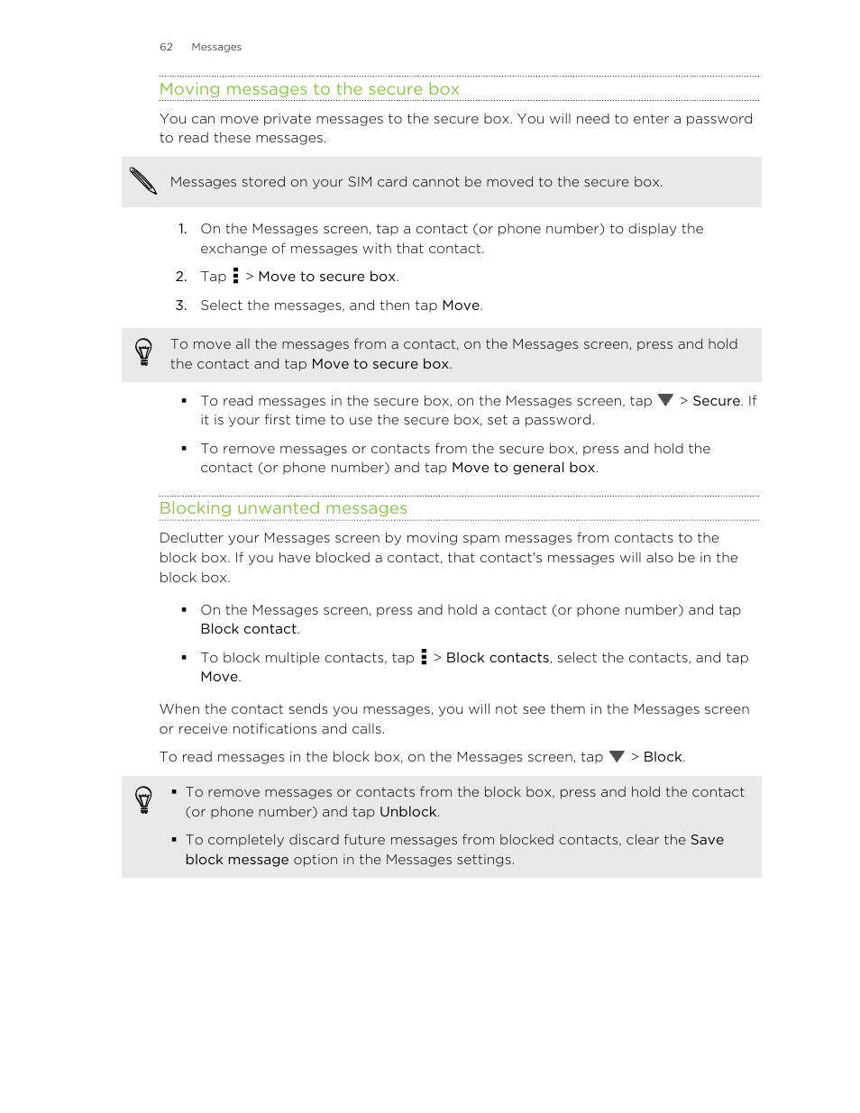 Moving messages to the secure box, Blocking unwanted messages | HTC Butterfly User Manual | Page 62 / 211