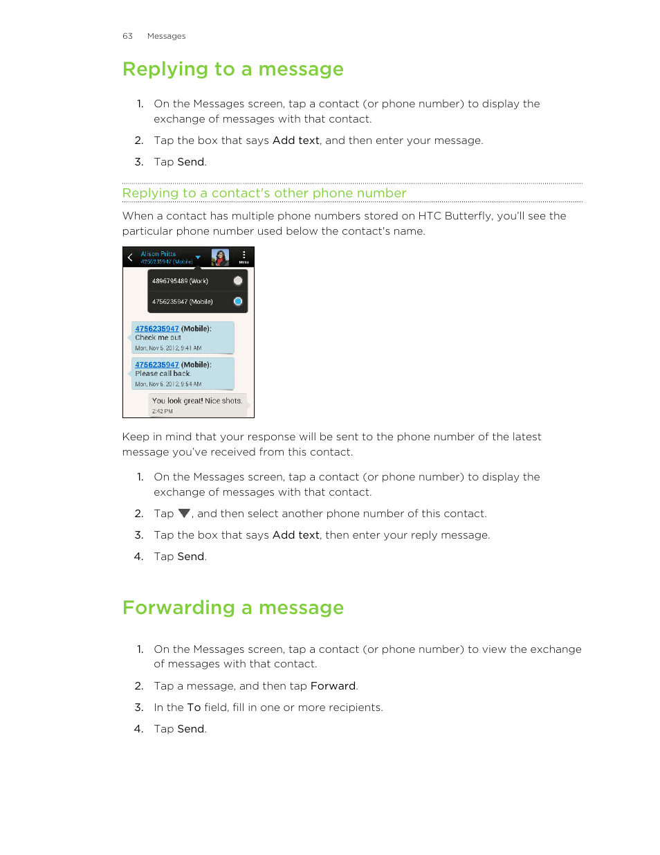 Replying to a message, Replying to a contact's other phone number, Forwarding a message | HTC Butterfly User Manual | Page 63 / 211