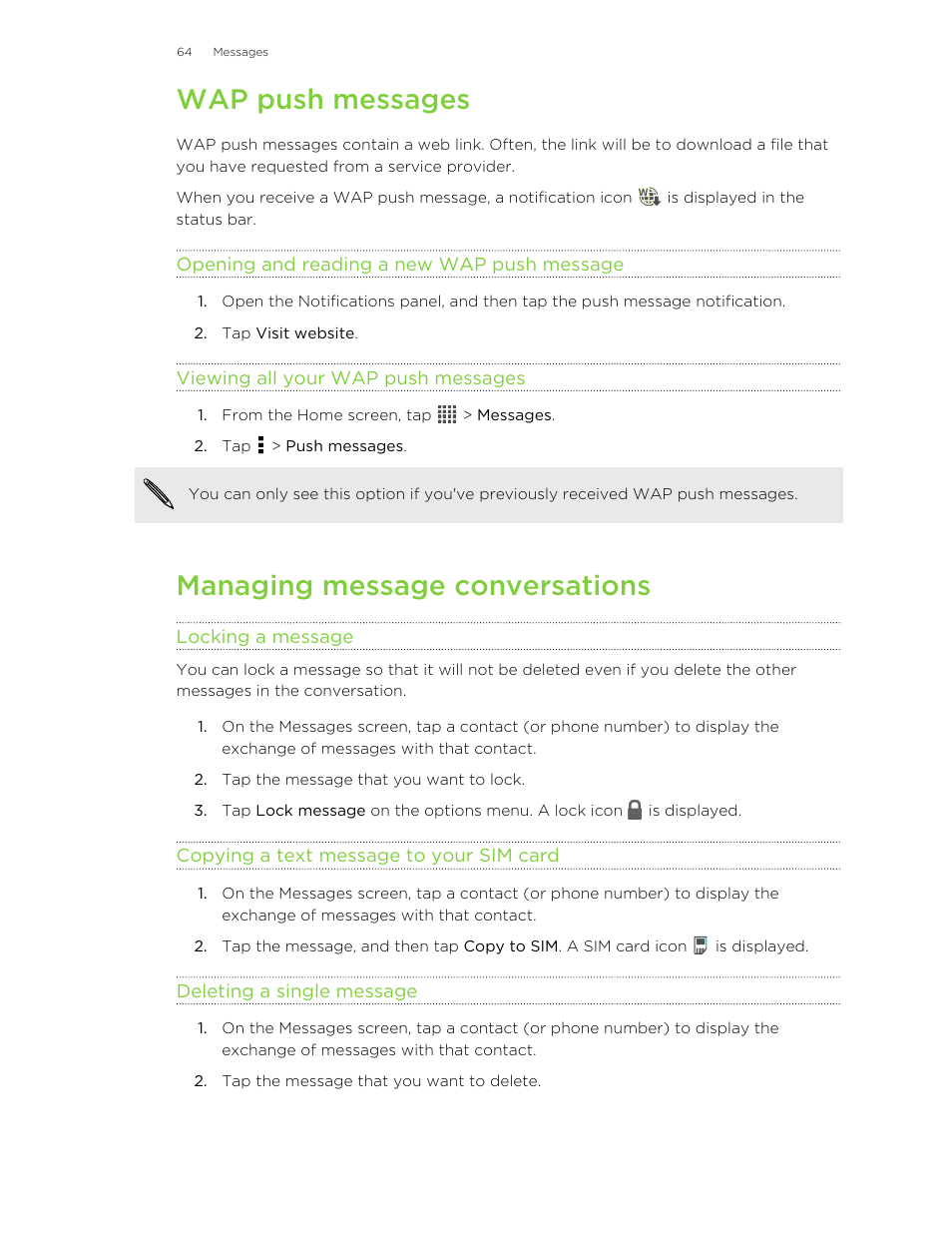 Wap push messages, Opening and reading a new wap push message, Viewing all your wap push messages | Managing message conversations, Locking a message, Copying a text message to your sim card, Deleting a single message | HTC Butterfly User Manual | Page 64 / 211