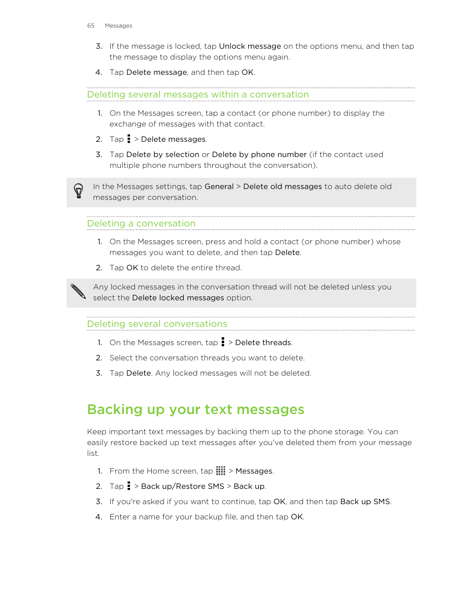 Deleting several messages within a conversation, Deleting a conversation, Deleting several conversations | Backing up your text messages | HTC Butterfly User Manual | Page 65 / 211