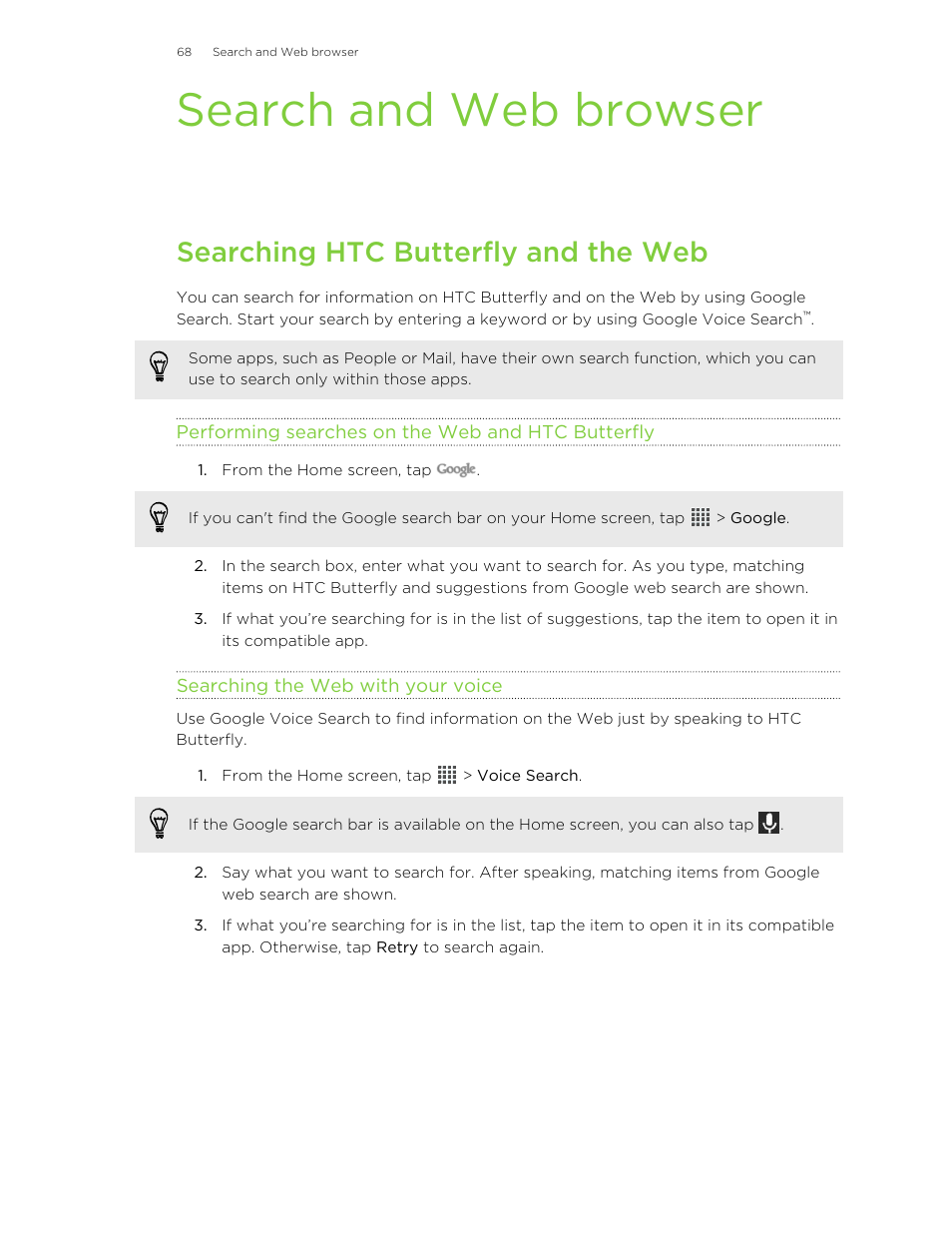 Search and web browser, Searching htc butterfly and the web, Performing searches on the web and htc butterfly | Searching the web with your voice | HTC Butterfly User Manual | Page 68 / 211