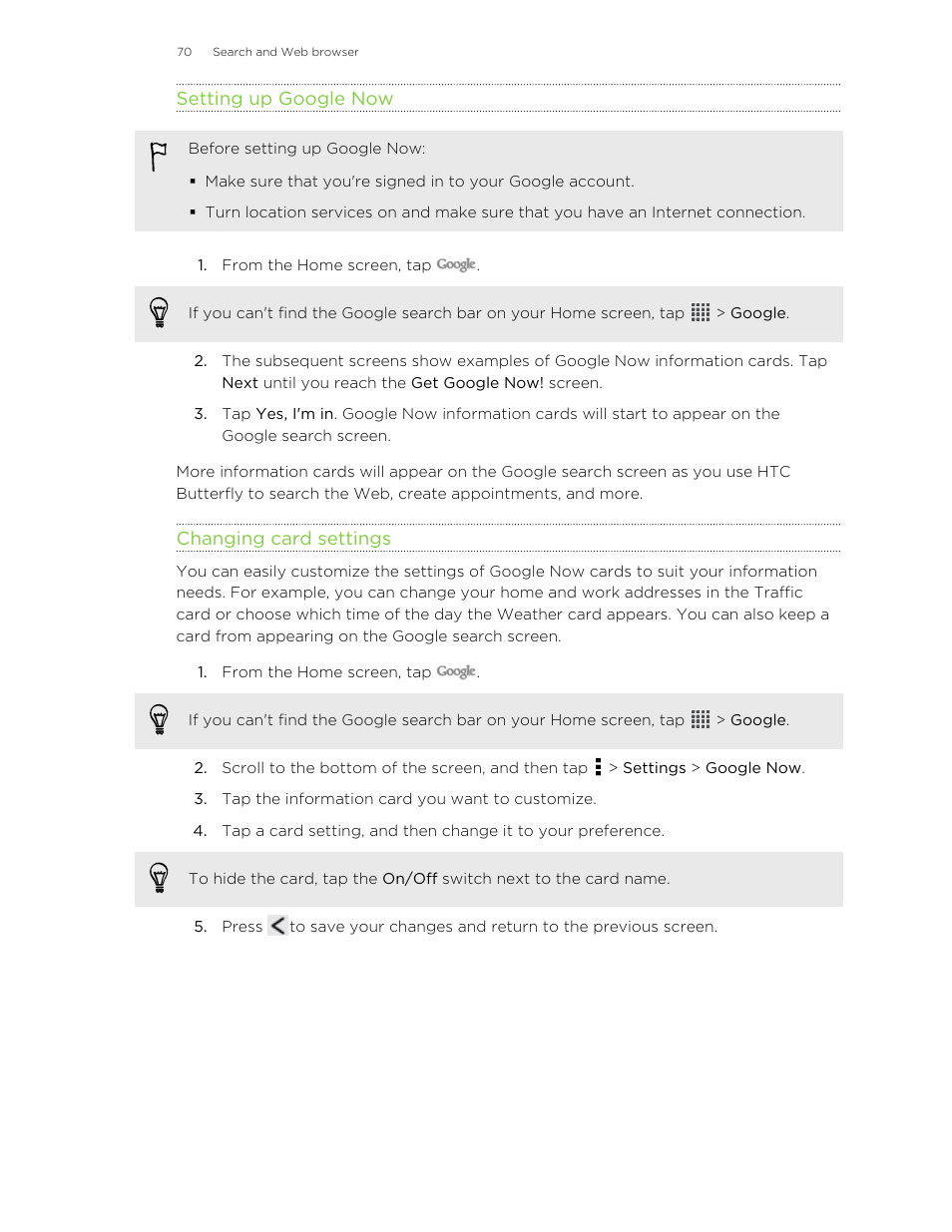 Setting up google now, Changing card settings | HTC Butterfly User Manual | Page 70 / 211