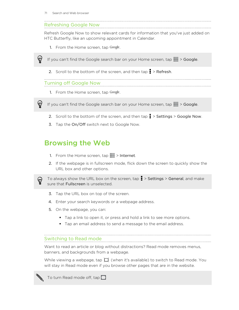 Refreshing google now, Turning off google now, Browsing the web | Switching to read mode, Out more about using the web browser, see | HTC Butterfly User Manual | Page 71 / 211