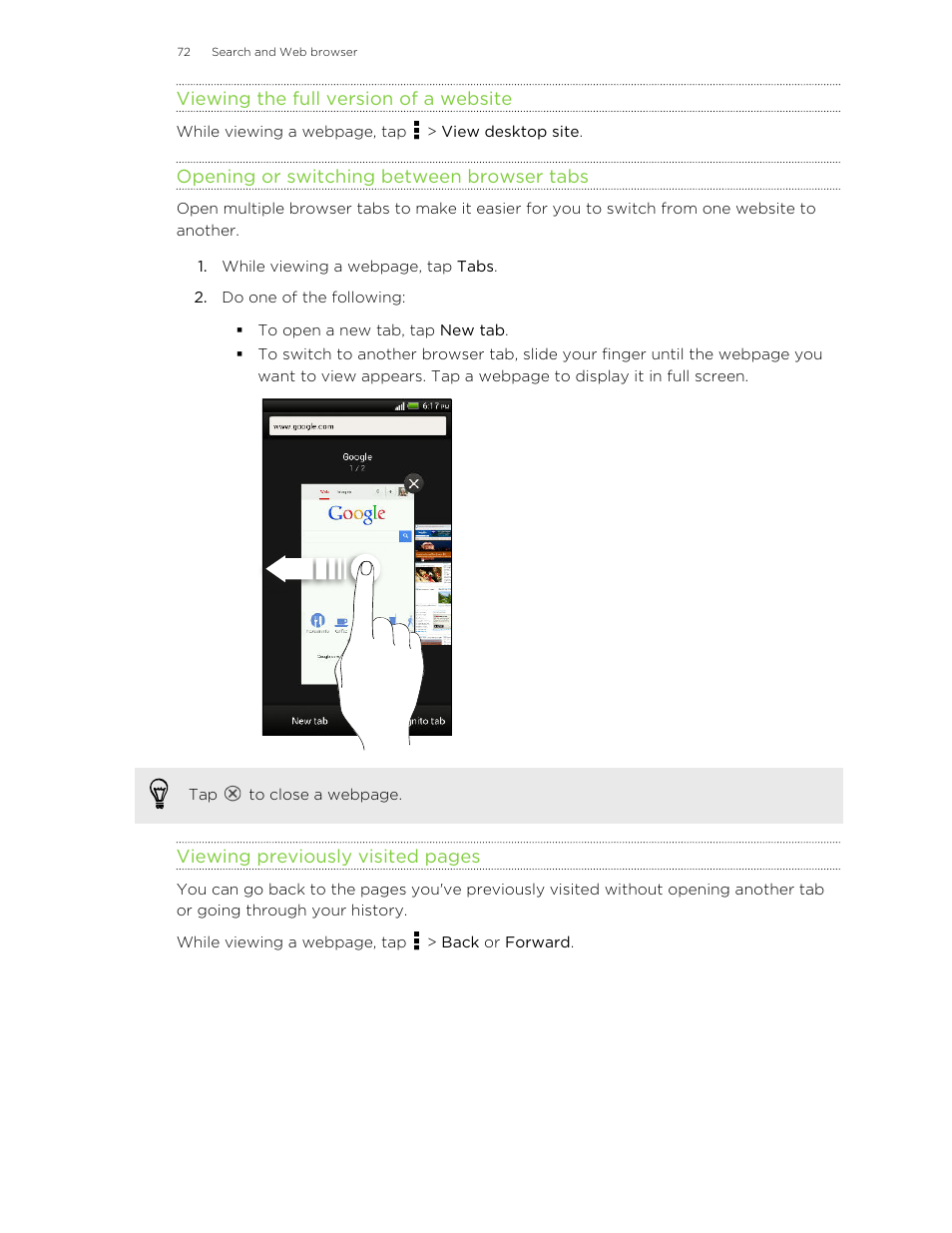 Viewing the full version of a website, Opening or switching between browser tabs | HTC Butterfly User Manual | Page 72 / 211