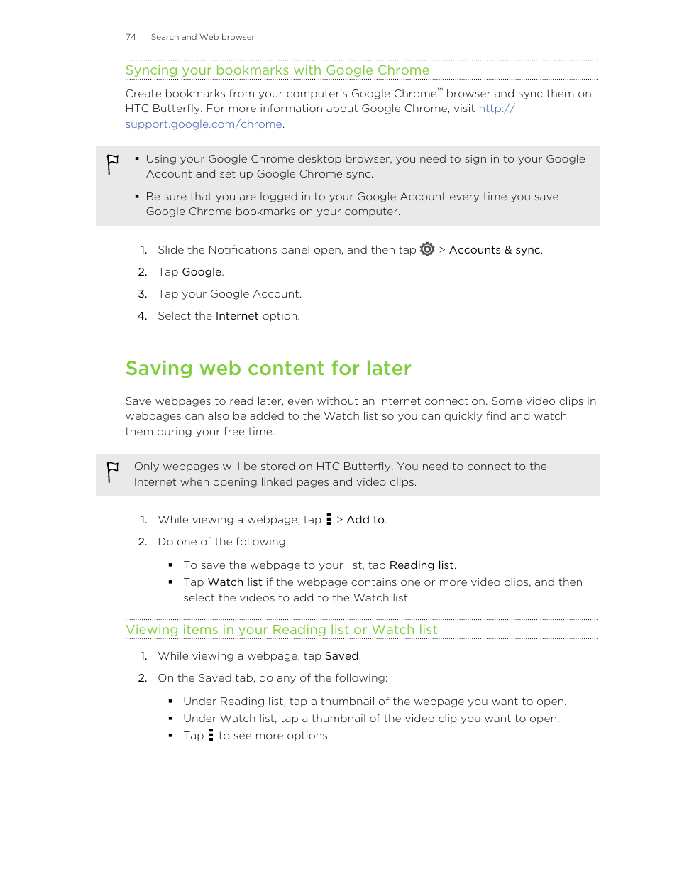 Syncing your bookmarks with google chrome, Saving web content for later, Viewing items in your reading list or watch list | Without an internet connection. see | HTC Butterfly User Manual | Page 74 / 211