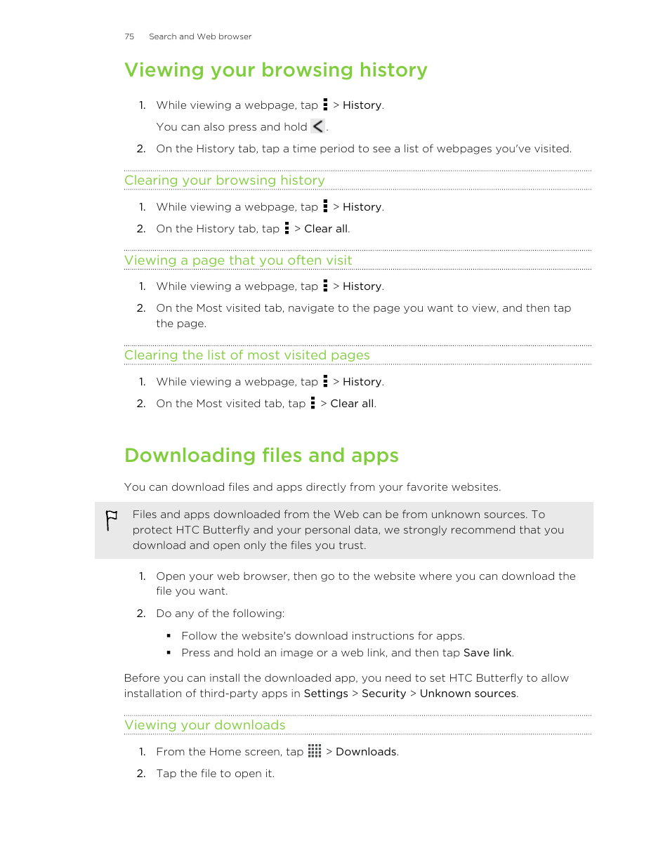 Viewing your browsing history, Clearing your browsing history, Downloading files and apps | Viewing your downloads | HTC Butterfly User Manual | Page 75 / 211