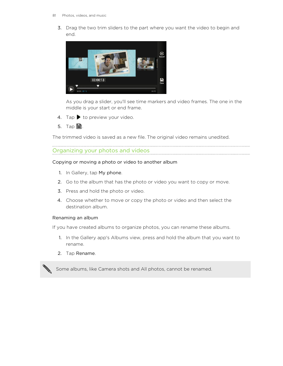 Organizing your photos and videos, Renaming an album | HTC Butterfly User Manual | Page 81 / 211