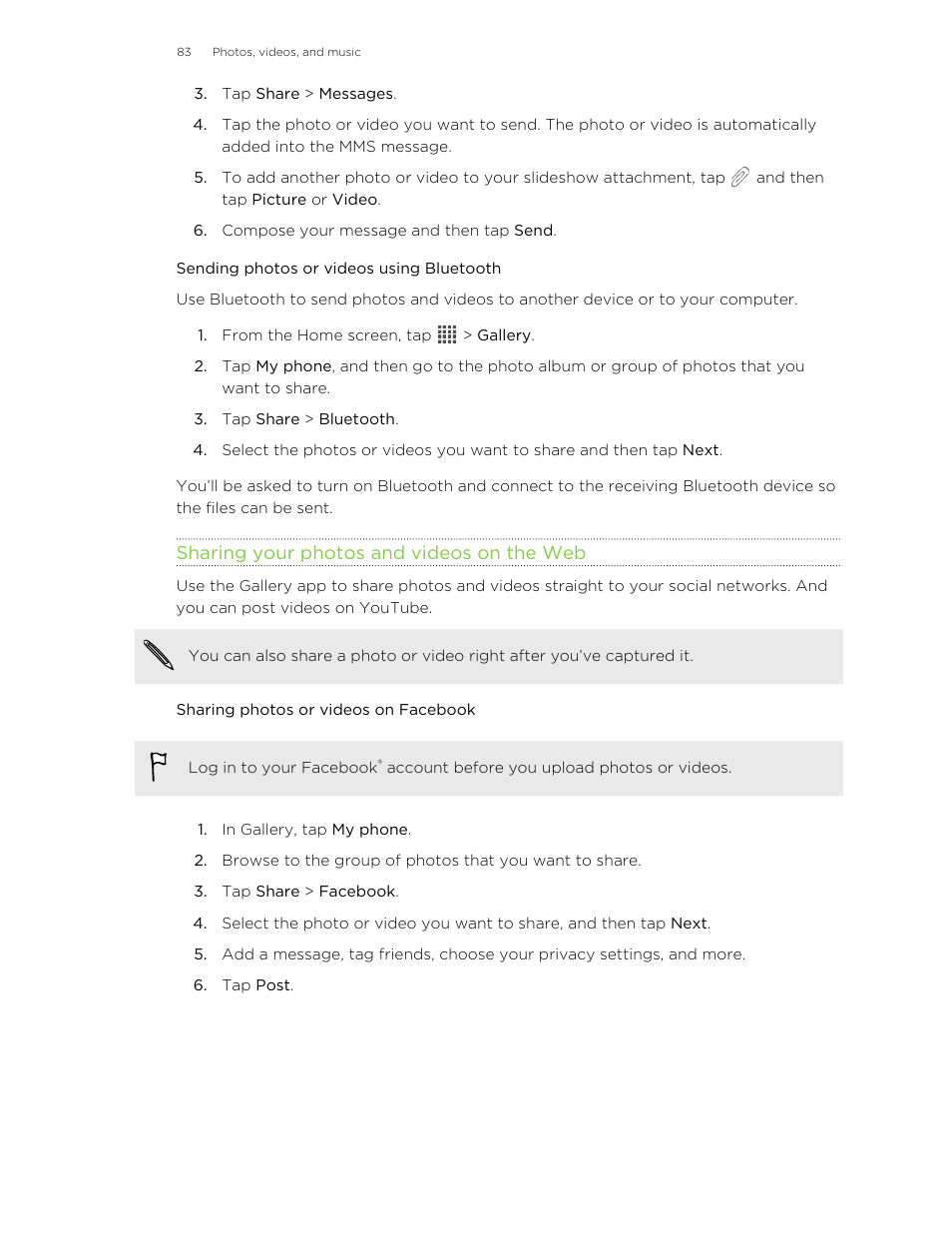 Sending photos or videos using bluetooth, Sharing your photos and videos on the web, Sharing photos or videos on facebook | HTC Butterfly User Manual | Page 83 / 211