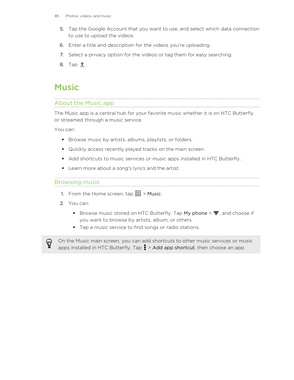 Music, About the music app, Browsing music | HTC Butterfly User Manual | Page 85 / 211