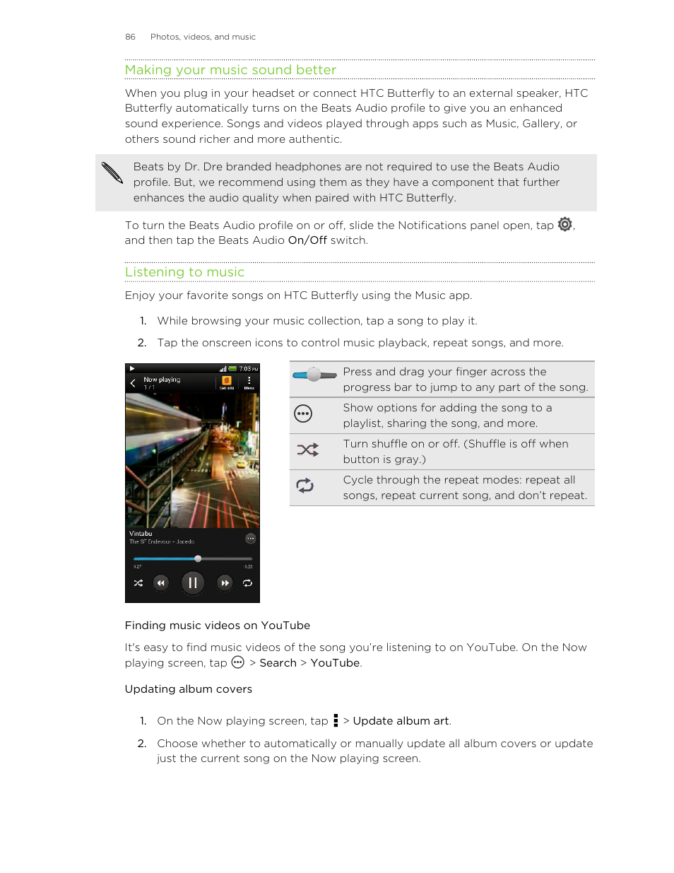 Making your music sound better, Listening to music, Finding music videos on youtube | Updating album covers | HTC Butterfly User Manual | Page 86 / 211