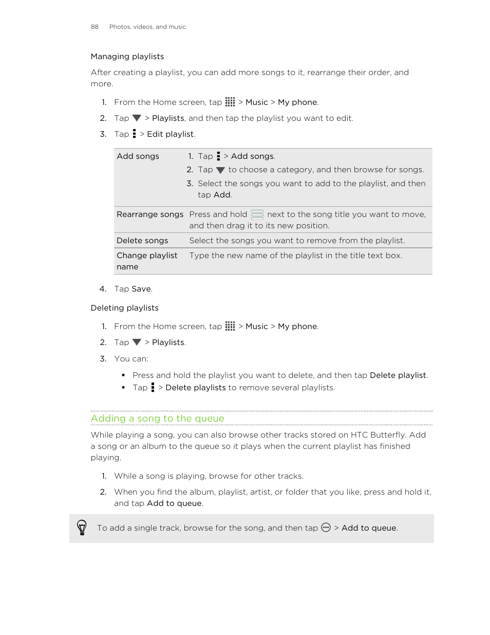 Managing playlists, Deleting playlists, Adding a song to the queue | HTC Butterfly User Manual | Page 88 / 211
