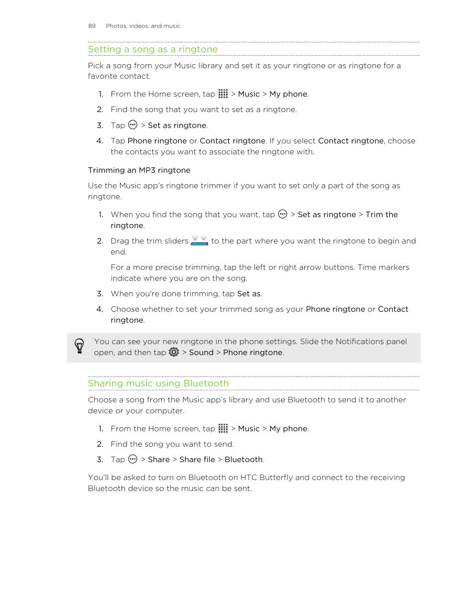Setting a song as a ringtone, Trimming an mp3 ringtone, Sharing music using bluetooth | HTC Butterfly User Manual | Page 89 / 211