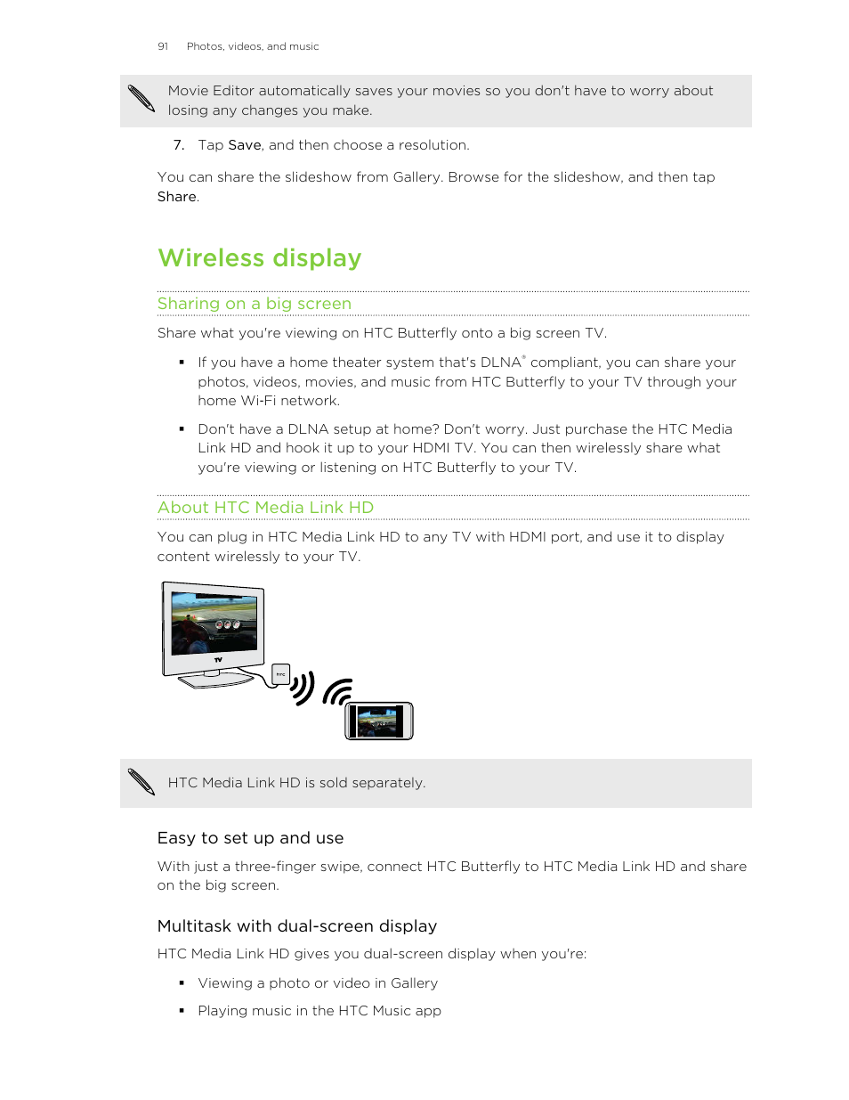 Wireless display, Sharing on a big screen, About htc media link hd | HTC Butterfly User Manual | Page 91 / 211