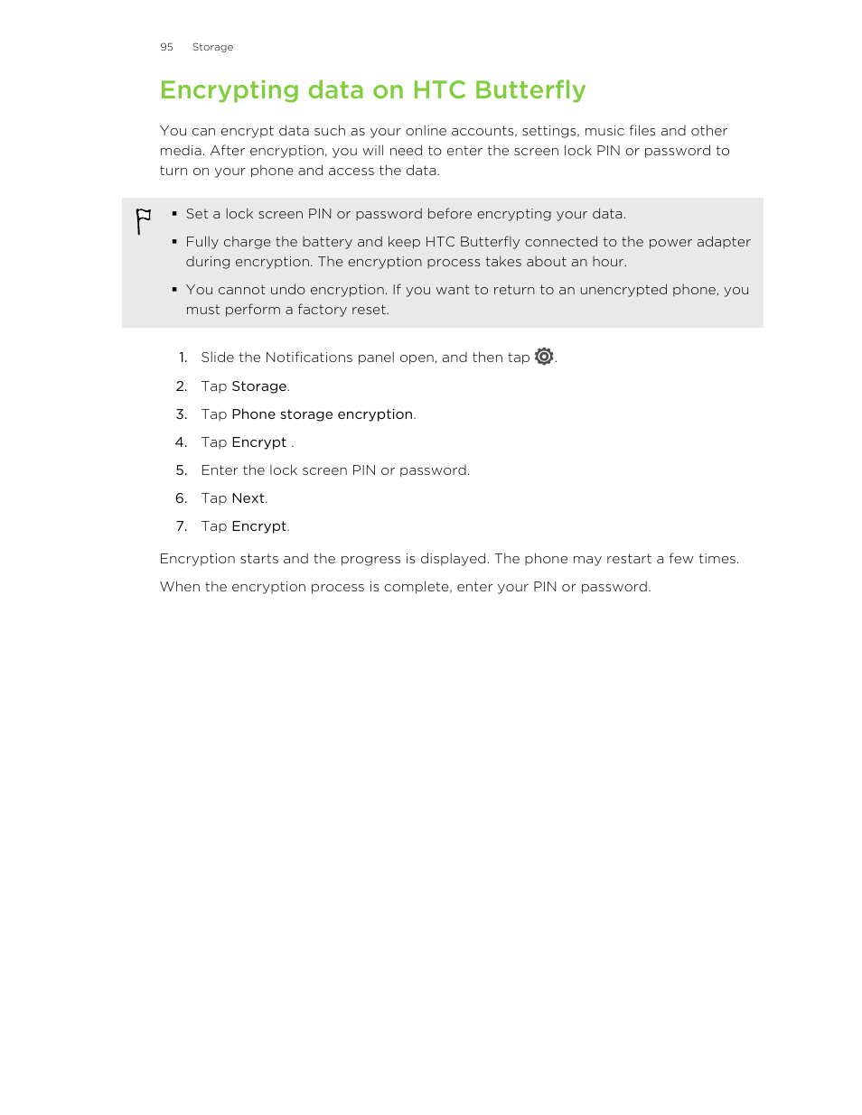 Encrypting data on htc butterfly | HTC Butterfly User Manual | Page 95 / 211