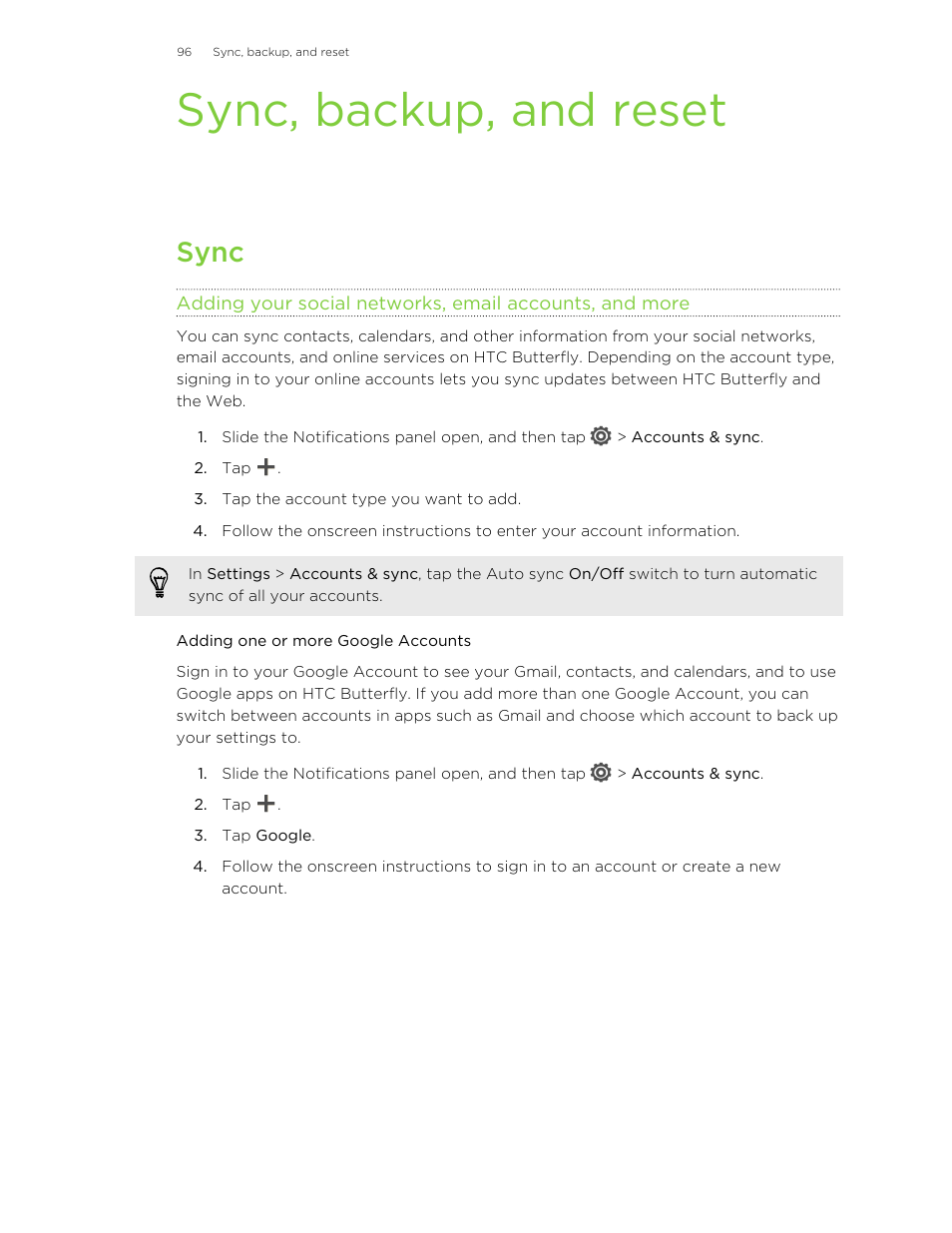Sync, backup, and reset, Sync, Adding one or more google accounts | HTC Butterfly User Manual | Page 96 / 211