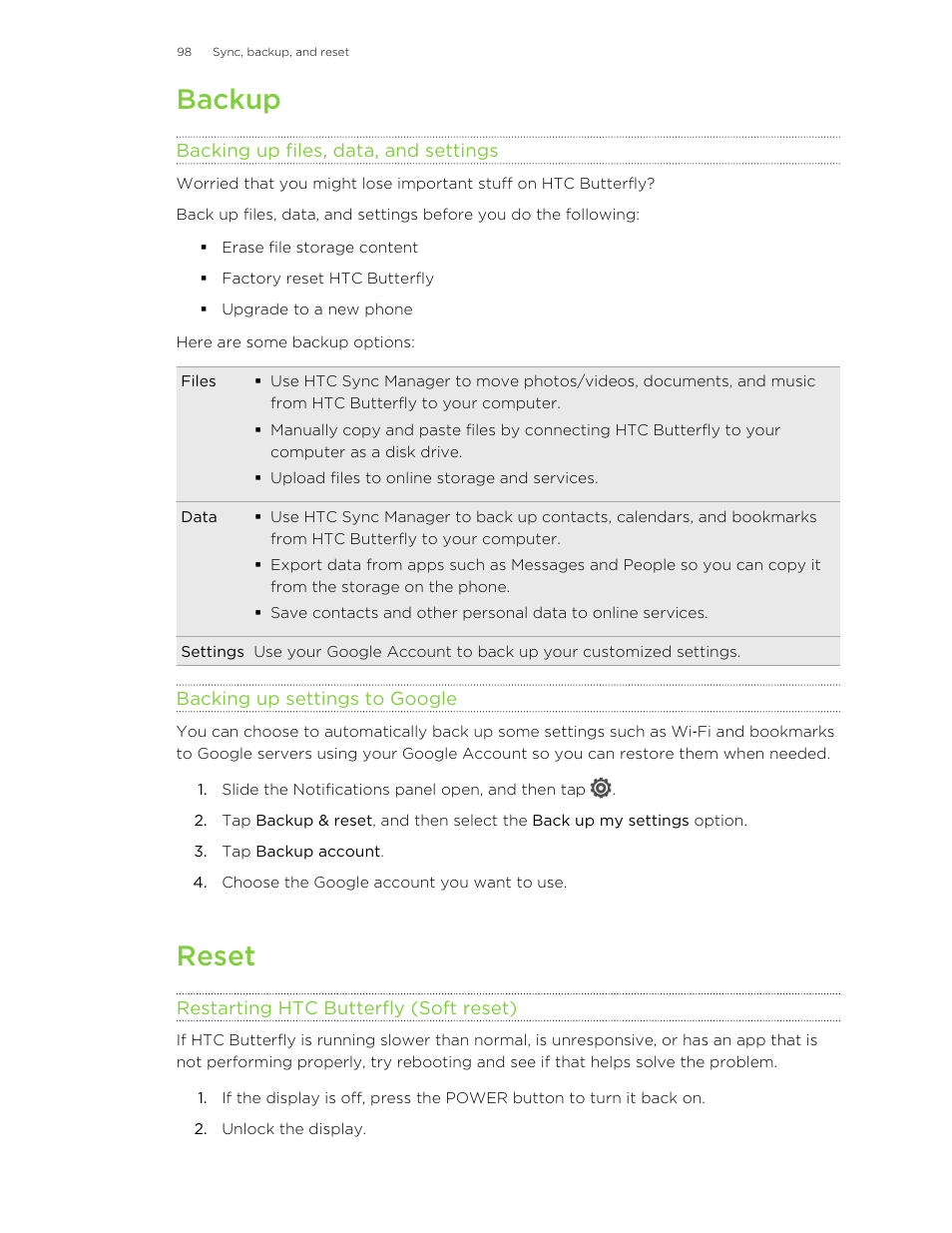 Backup, Backing up files, data, and settings, Backing up settings to google | Reset, Restarting htc butterfly (soft reset) | HTC Butterfly User Manual | Page 98 / 211