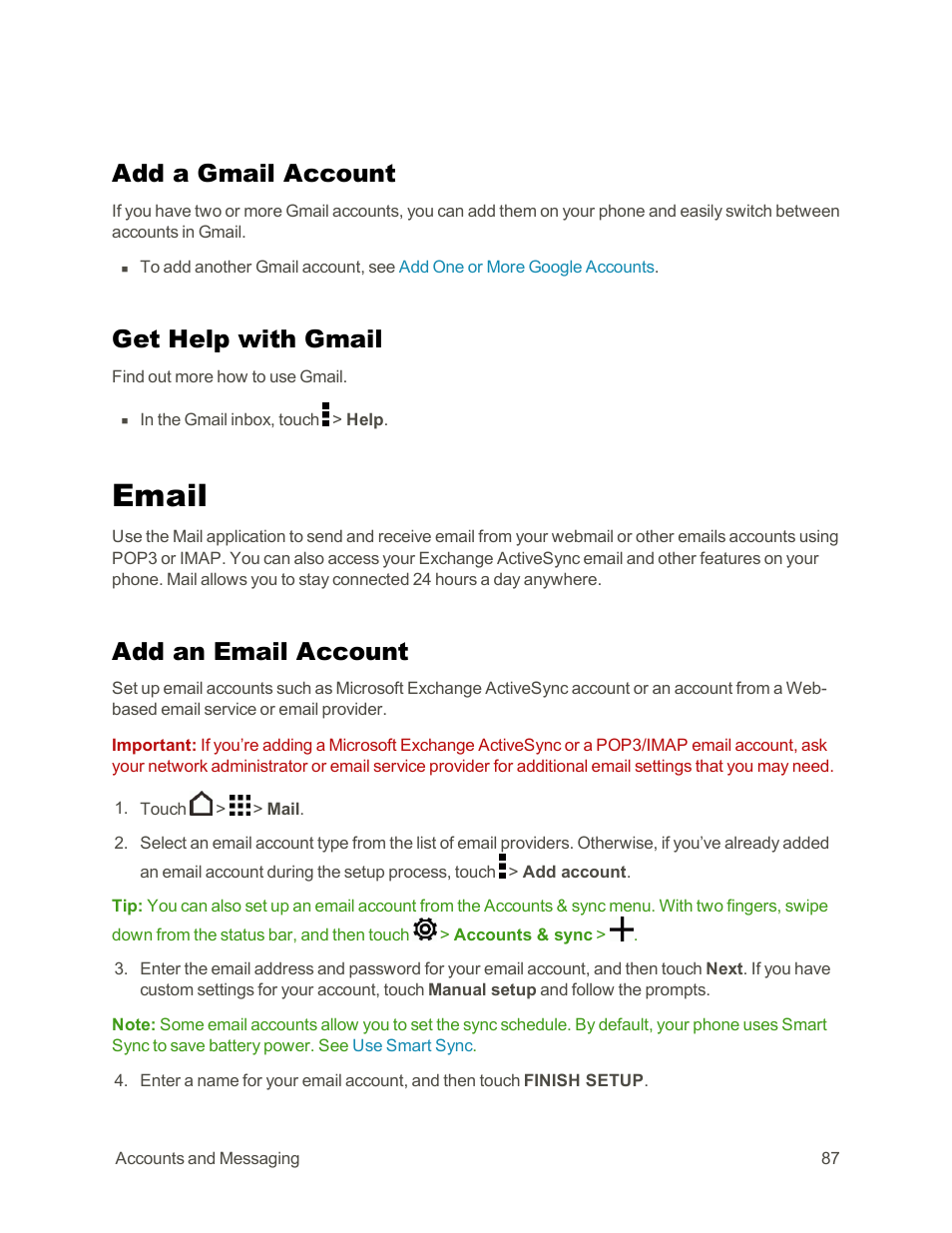 Add a gmail account, Get help with gmail, Email | Add an email account | HTC One E8 User Manual | Page 100 / 262