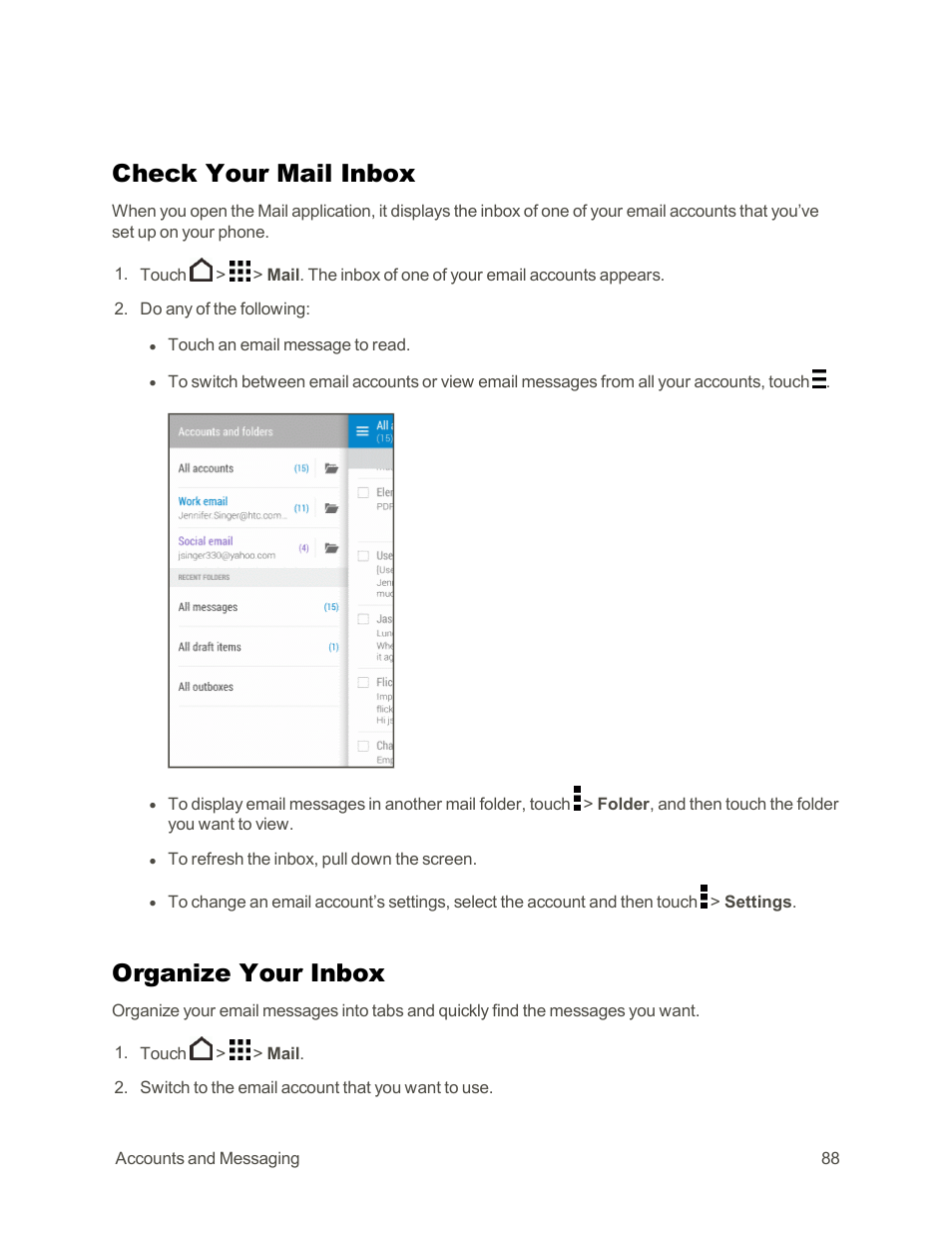 Check your mail inbox, Organize your inbox | HTC One E8 User Manual | Page 101 / 262