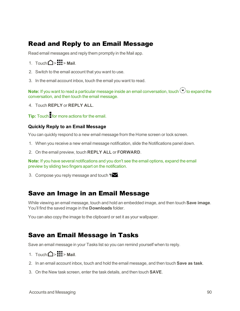 Read and reply to an email message, Save an image in an email message, Save an email message in tasks | HTC One E8 User Manual | Page 103 / 262