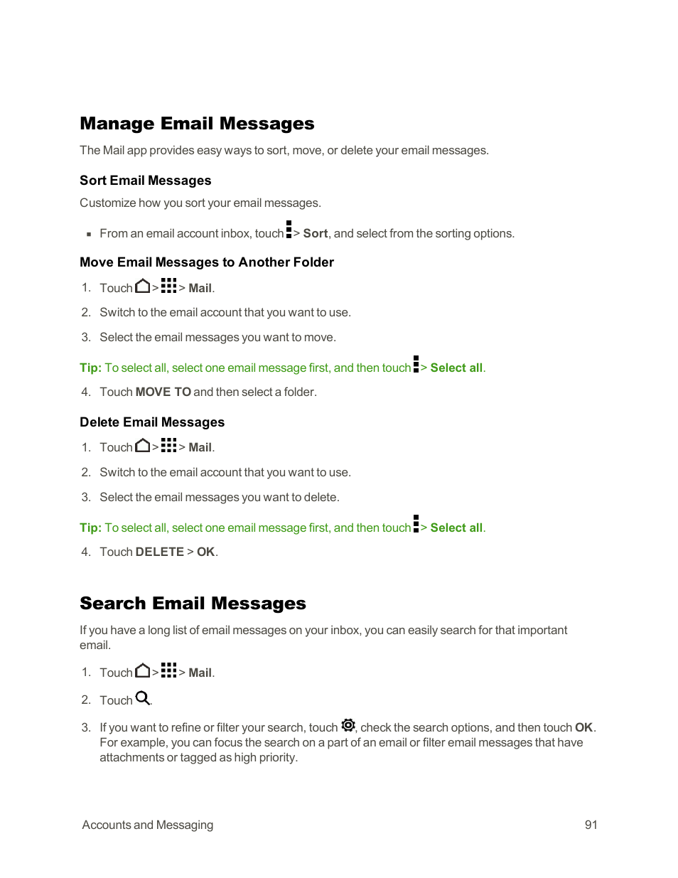 Manage email messages, Search email messages | HTC One E8 User Manual | Page 104 / 262