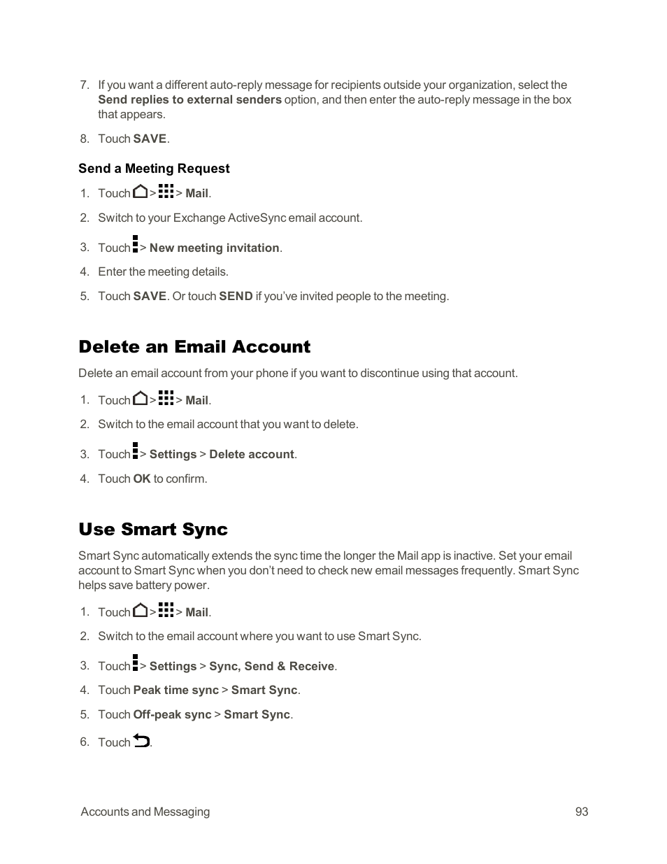 Delete an email account, Use smart sync | HTC One E8 User Manual | Page 106 / 262