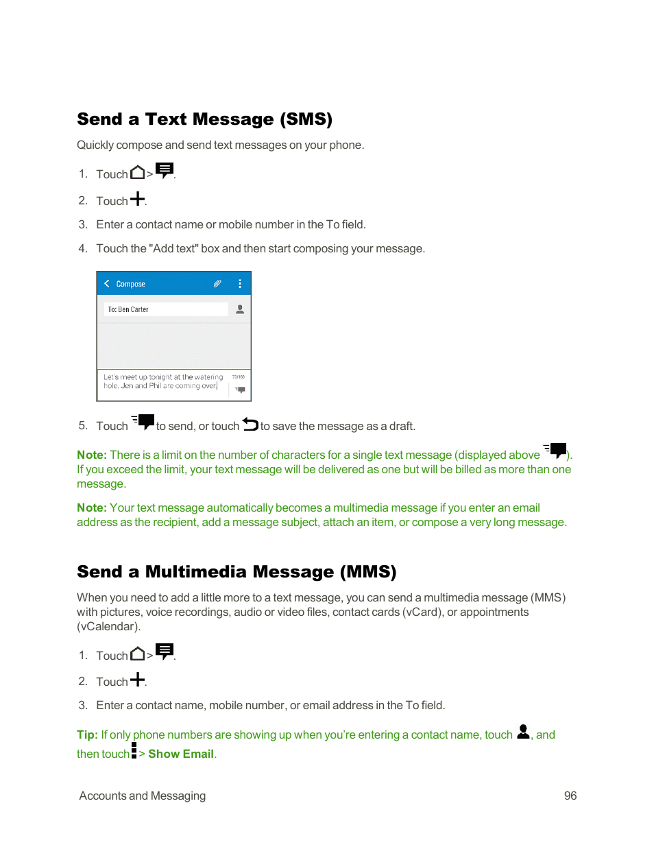 Send a text message (sms), Send a multimedia message (mms), Send a text | Message (sms), Send a new gmail message, Send an email message | HTC One E8 User Manual | Page 109 / 262