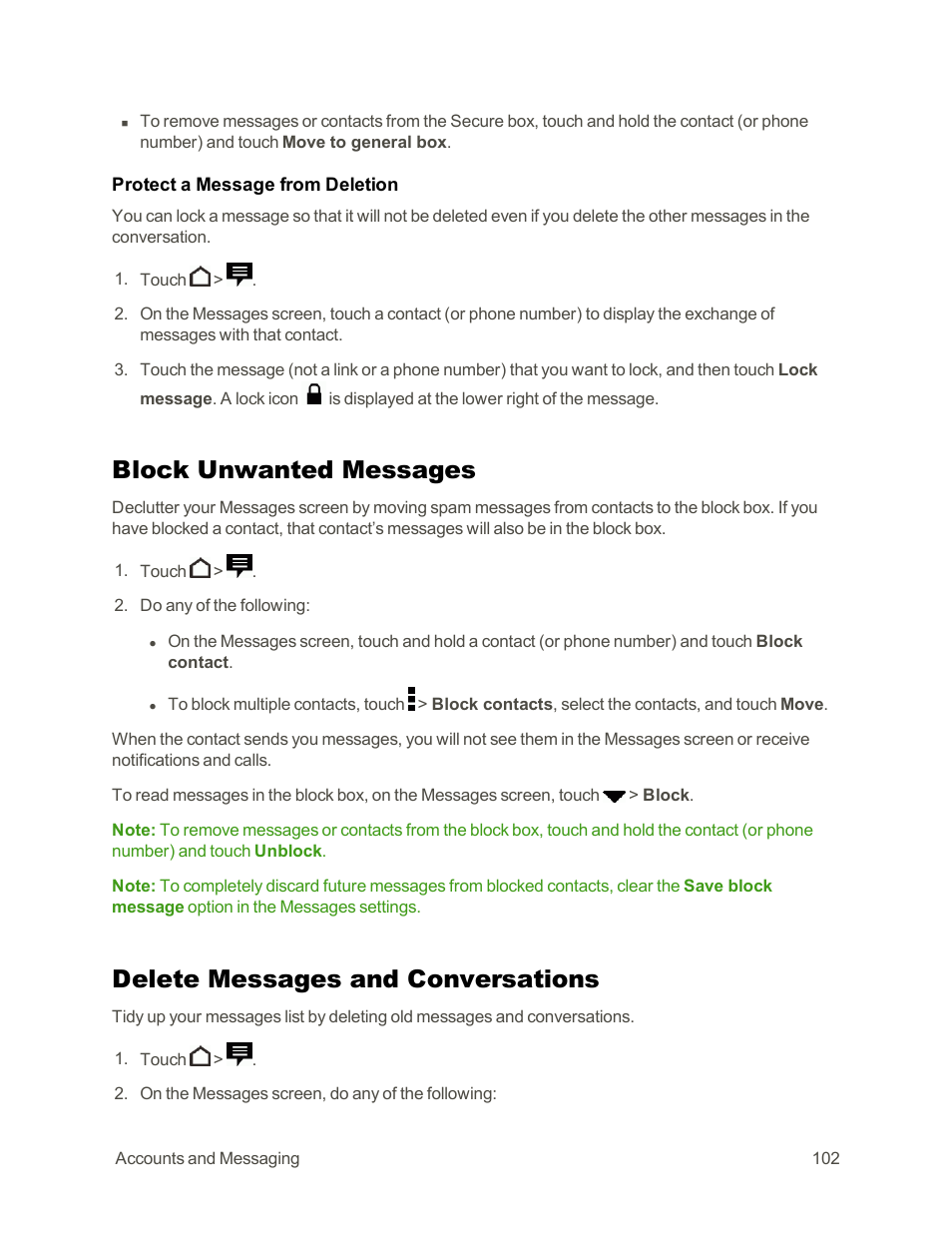 Block unwanted messages, Delete messages and conversations | HTC One E8 User Manual | Page 115 / 262