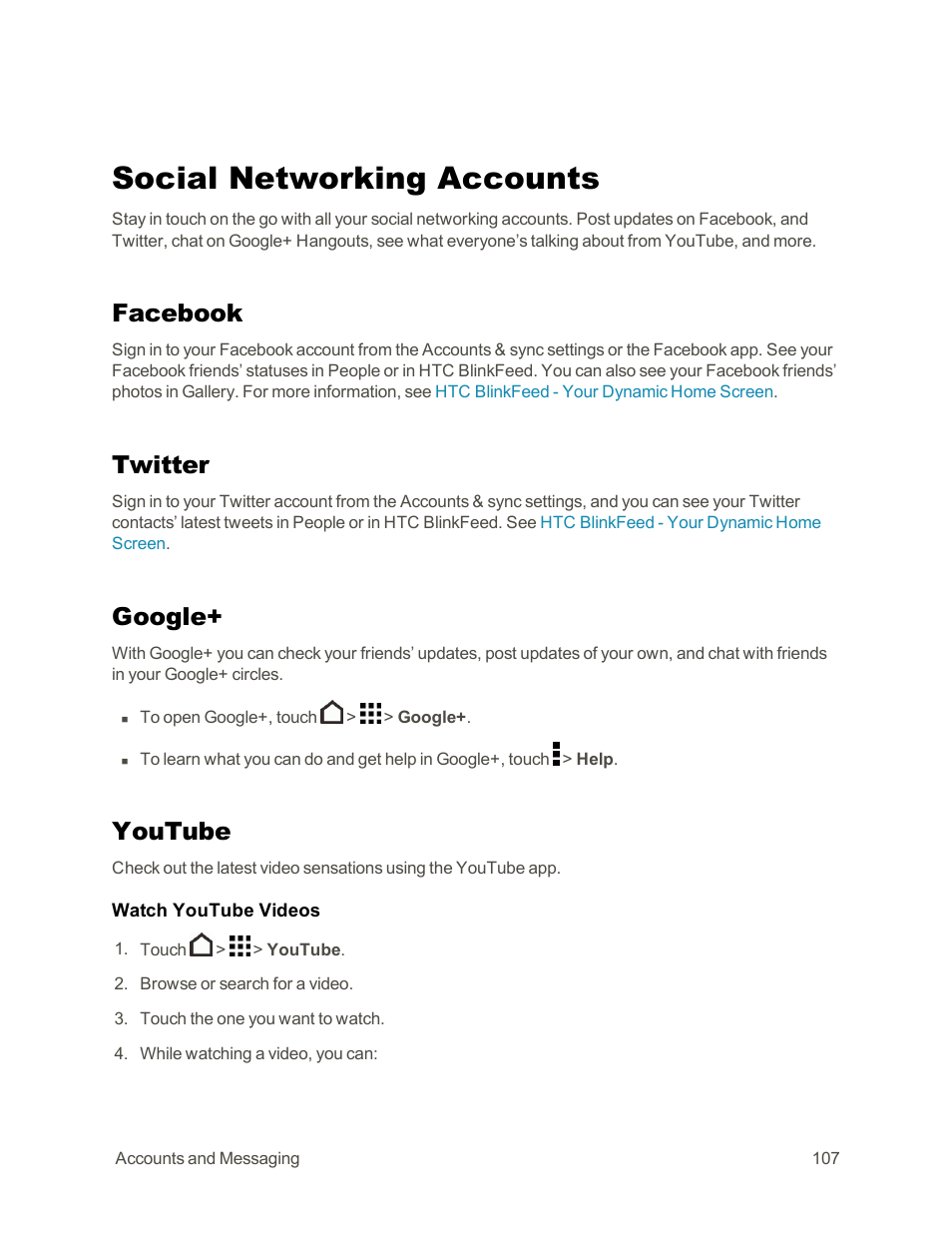 Social networking accounts, Facebook, Twitter | Google, Youtube | HTC One E8 User Manual | Page 120 / 262
