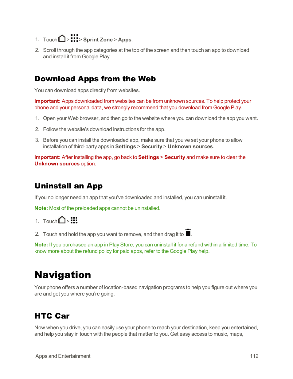 Download apps from the web, Uninstall an app, Navigation | Htc car | HTC One E8 User Manual | Page 125 / 262
