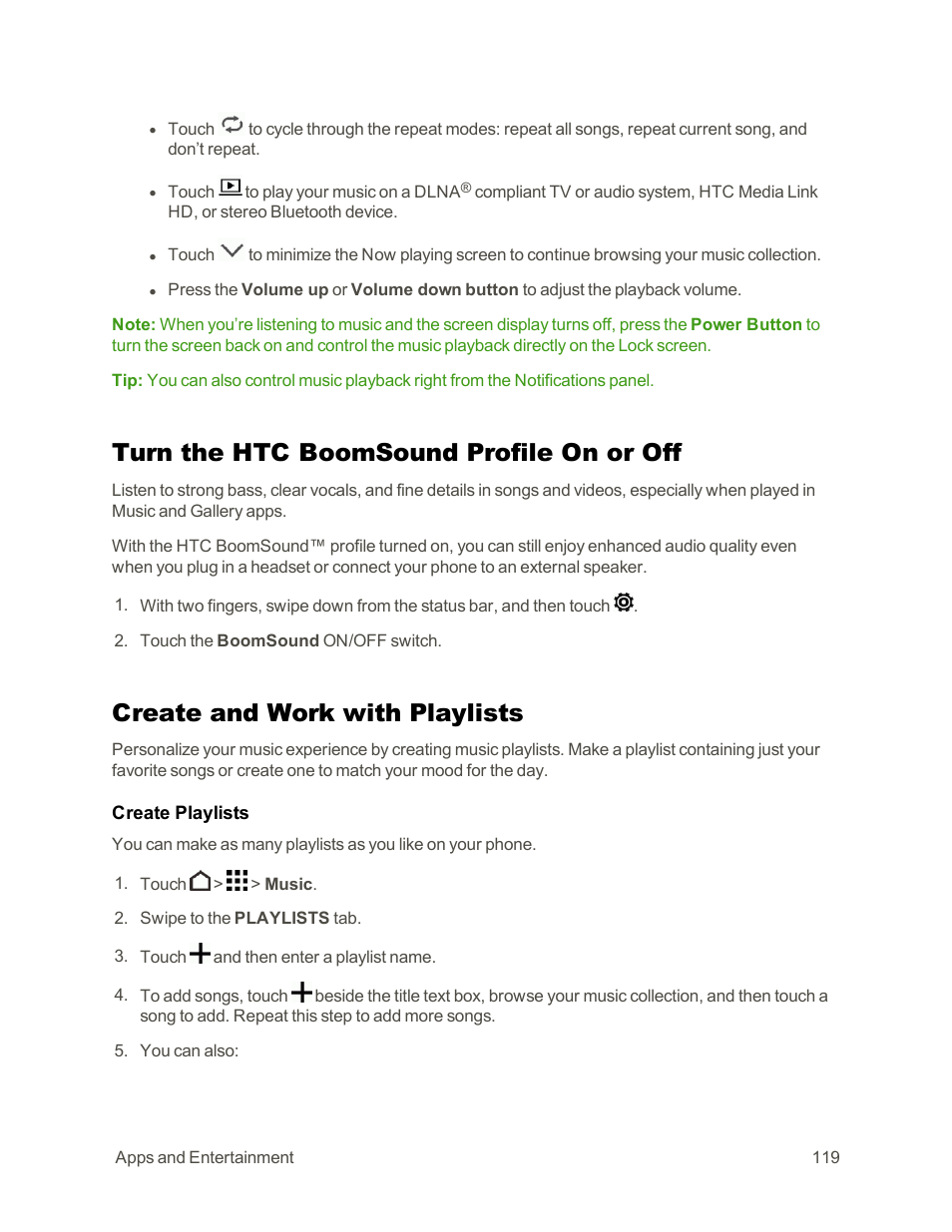 Turn the htc boomsound profile on or off, Create and work with playlists | HTC One E8 User Manual | Page 132 / 262