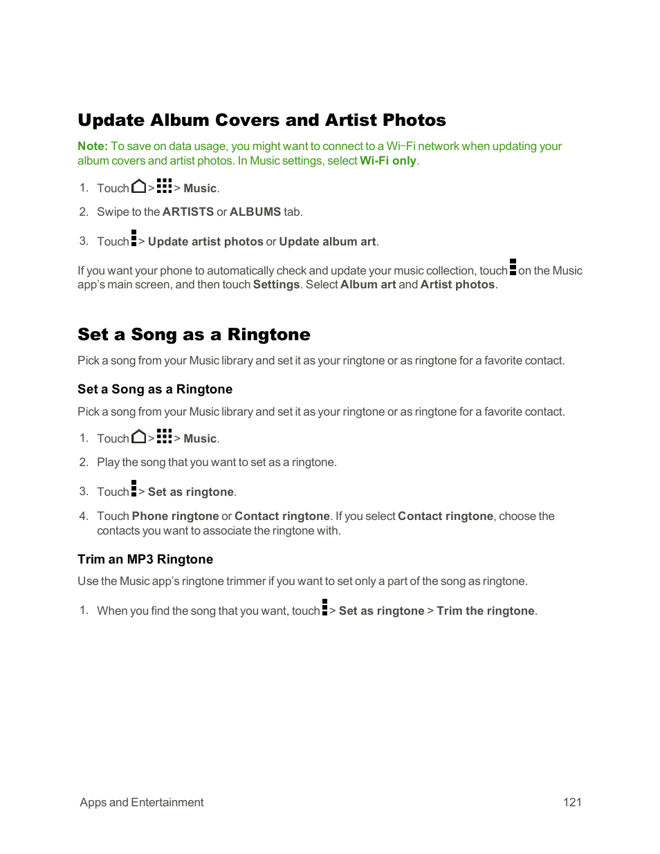 Update album covers and artist photos, Set a song as a ringtone | HTC One E8 User Manual | Page 134 / 262