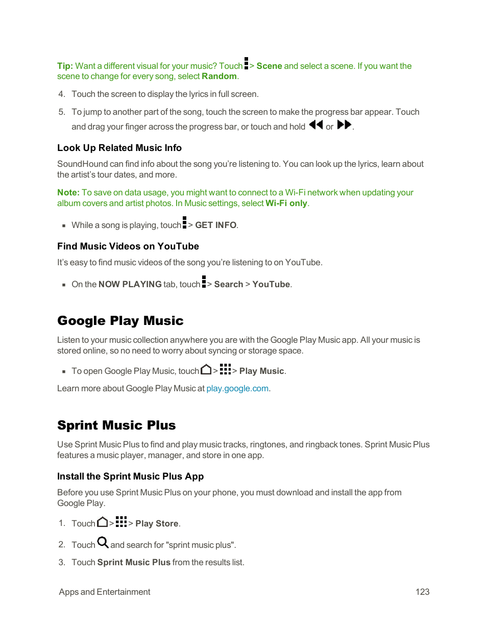 Google play music, Sprint music plus | HTC One E8 User Manual | Page 136 / 262