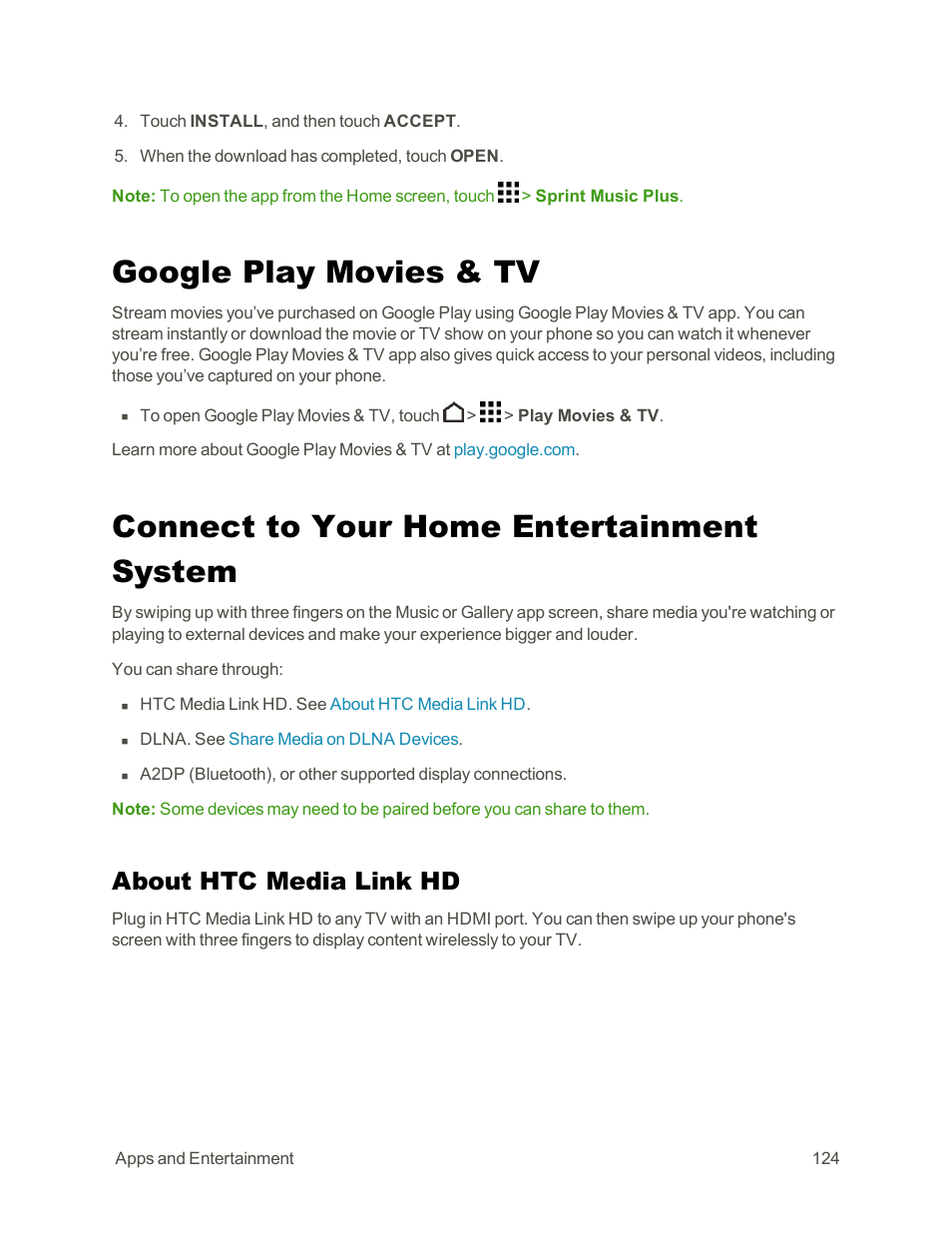 Google play movies & tv, Connect to your home entertainment system, About htc media link hd | HTC One E8 User Manual | Page 137 / 262